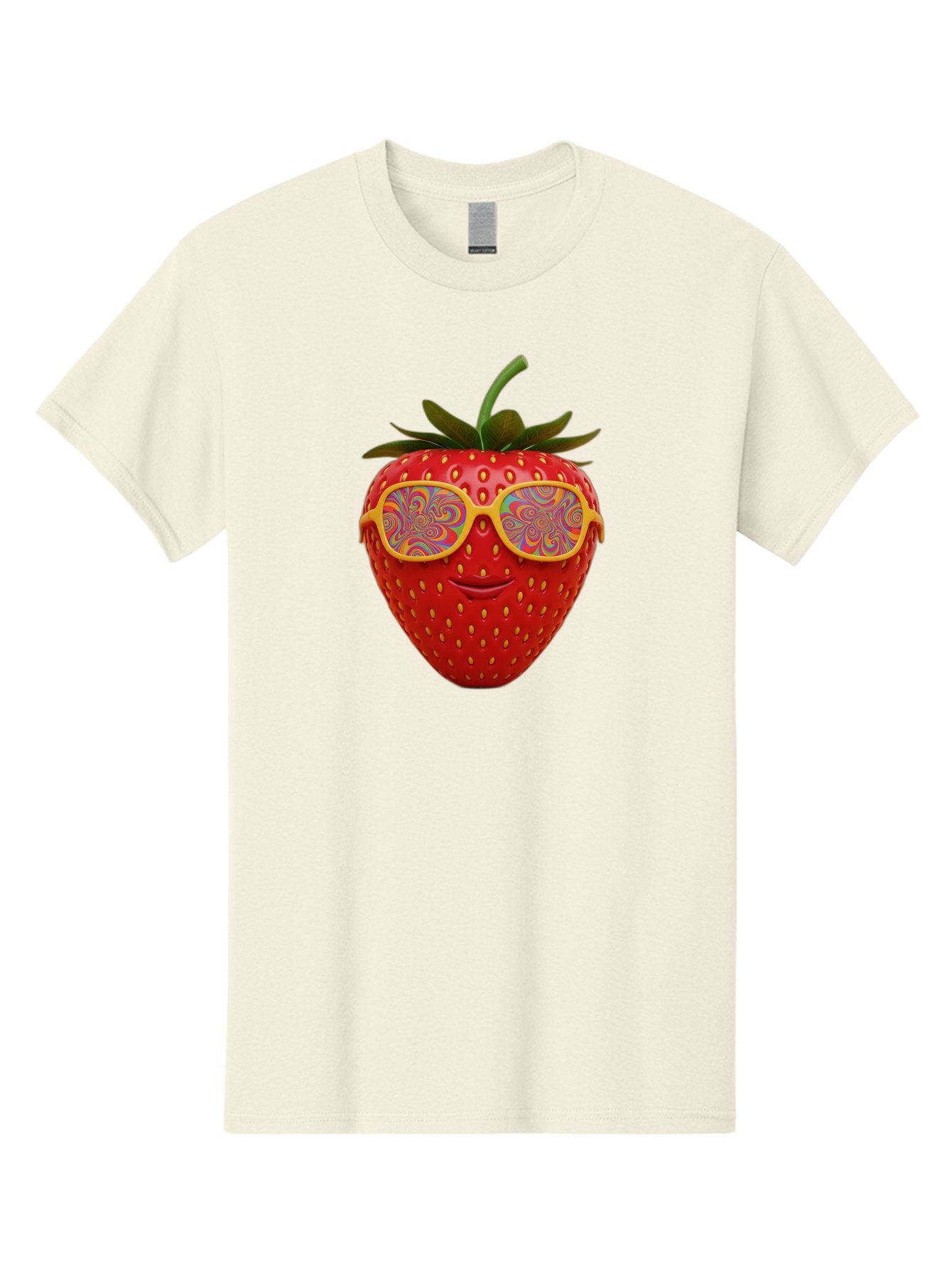 Happy-Strawberry Men'S Graphic Tee, 100% Cotton, Comfortable Casual Summer Wear, Machine Washable, Strawberry Character, Psychedelic Sunglasses, Vibrant Colors, Smiling Face, Fruit Illustration, Surreal Art, Whimsical Design, Bac033 6