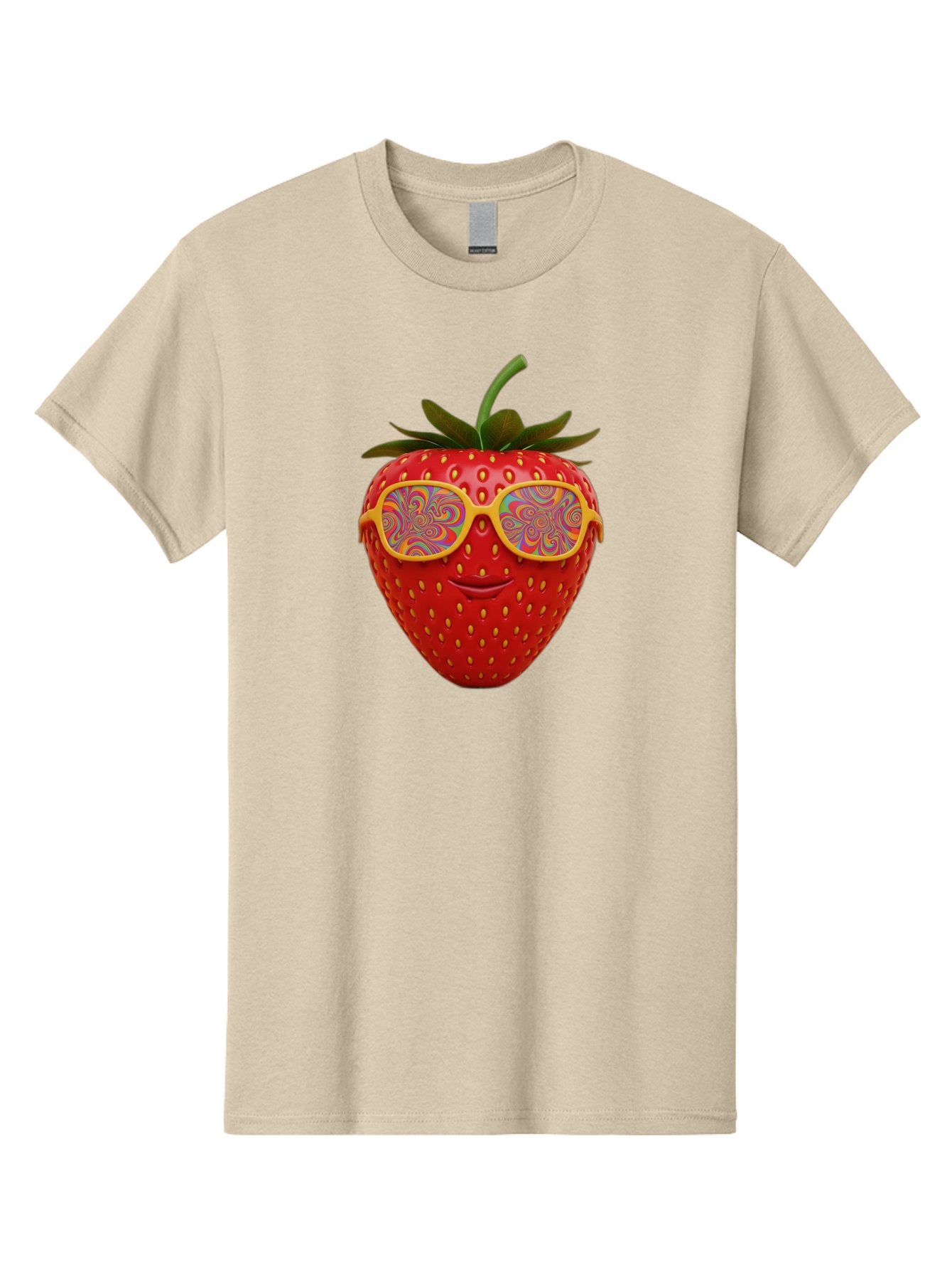Happy-Strawberry Men'S Graphic Tee, 100% Cotton, Comfortable Casual Summer Wear, Machine Washable, Strawberry Character, Psychedelic Sunglasses, Vibrant Colors, Smiling Face, Fruit Illustration, Surreal Art, Whimsical Design, Bac033 7