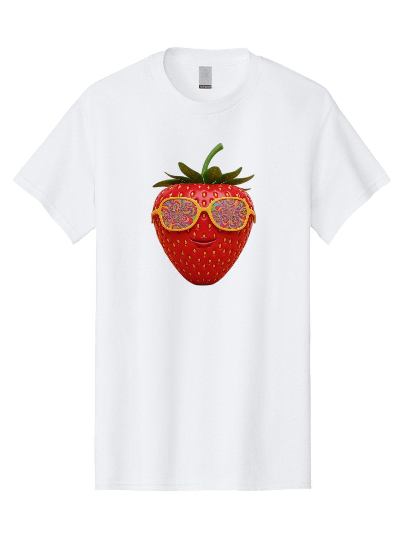 Happy-Strawberry Men'S Graphic Tee, 100% Cotton, Comfortable Casual Summer Wear, Machine Washable, Strawberry Character, Psychedelic Sunglasses, Vibrant Colors, Smiling Face, Fruit Illustration, Surreal Art, Whimsical Design, Bac033 3