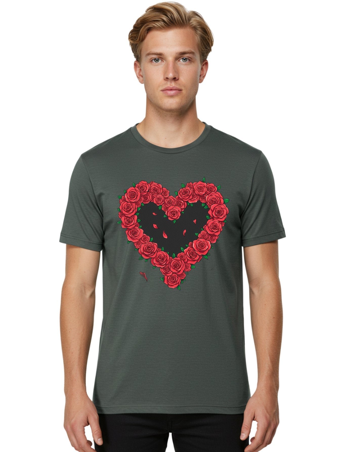 Heart-Of-Roses Men'S Graphic Tee, 100% Cotton, Comfortable Casual Summer Wear, Machine Washable, Heart Shape, Red Roses, Floral Arrangement, Love Symbol, Romance, Valentine'S Day, Beautiful Flowers, Rose Petals Bac034 29