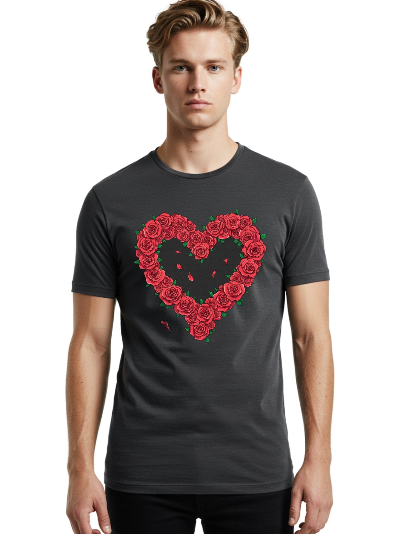 Heart-Of-Roses Men'S Graphic Tee, 100% Cotton, Comfortable Casual Summer Wear, Machine Washable, Heart Shape, Red Roses, Floral Arrangement, Love Symbol, Romance, Valentine'S Day, Beautiful Flowers, Rose Petals Bac034 25