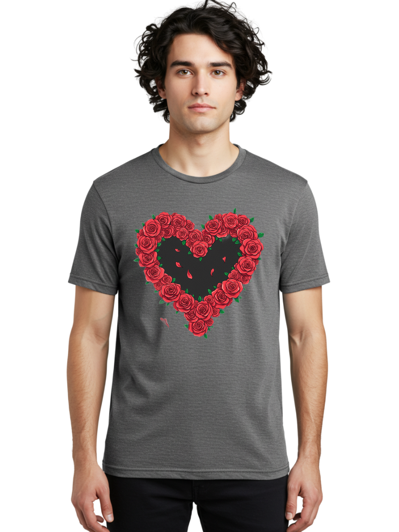 Heart-Of-Roses Men'S Graphic Tee, 100% Cotton, Comfortable Casual Summer Wear, Machine Washable, Heart Shape, Red Roses, Floral Arrangement, Love Symbol, Romance, Valentine'S Day, Beautiful Flowers, Rose Petals Bac034 19