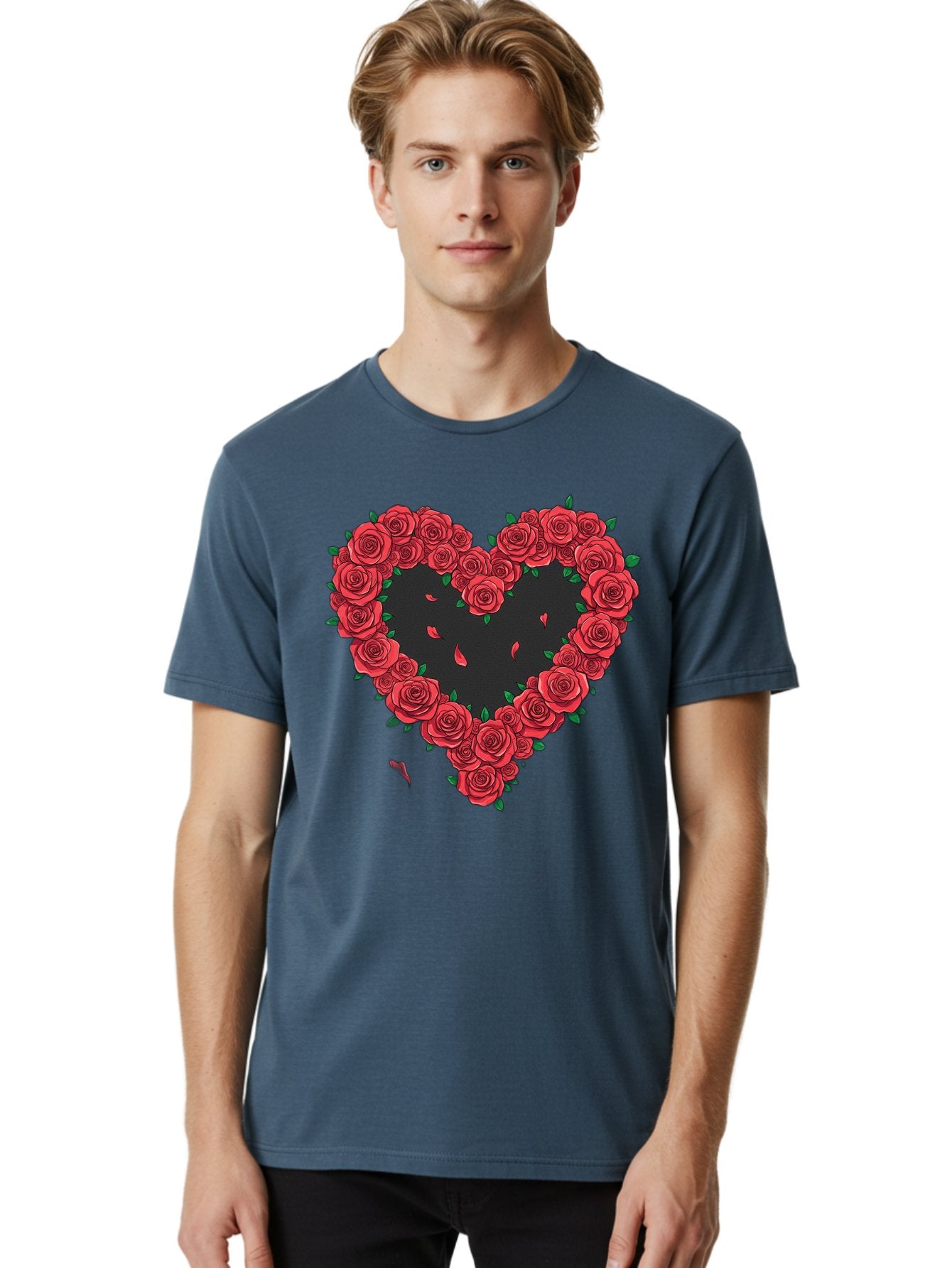 Heart-Of-Roses Men'S Graphic Tee, 100% Cotton, Comfortable Casual Summer Wear, Machine Washable, Heart Shape, Red Roses, Floral Arrangement, Love Symbol, Romance, Valentine'S Day, Beautiful Flowers, Rose Petals Bac034 21