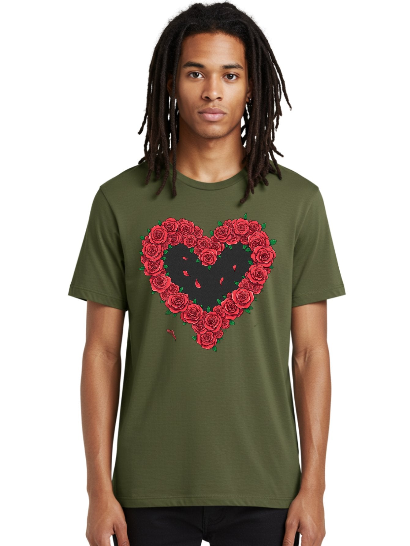 Heart-Of-Roses Men'S Graphic Tee, 100% Cotton, Comfortable Casual Summer Wear, Machine Washable, Heart Shape, Red Roses, Floral Arrangement, Love Symbol, Romance, Valentine'S Day, Beautiful Flowers, Rose Petals Bac034 24