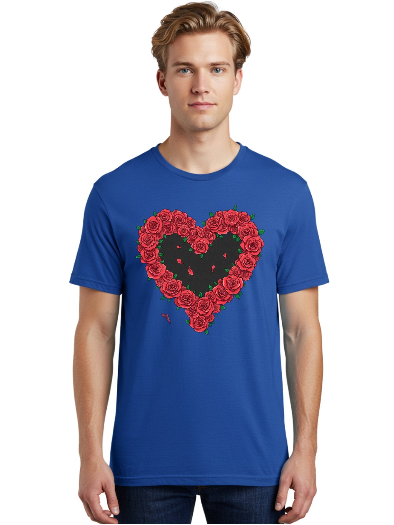 Heart-Of-Roses Men'S Graphic Tee, 100% Cotton, Comfortable Casual Summer Wear, Machine Washable, Heart Shape, Red Roses, Floral Arrangement, Love Symbol, Romance, Valentine'S Day, Beautiful Flowers, Rose Petals Bac034 17