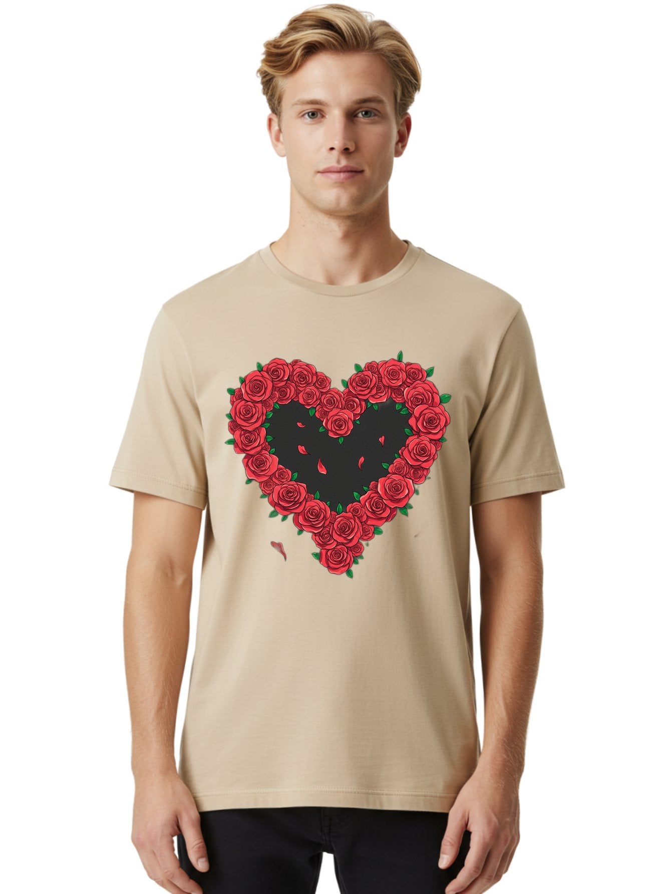 Heart-Of-Roses Men'S Graphic Tee, 100% Cotton, Comfortable Casual Summer Wear, Machine Washable, Heart Shape, Red Roses, Floral Arrangement, Love Symbol, Romance, Valentine'S Day, Beautiful Flowers, Rose Petals Bac034 20