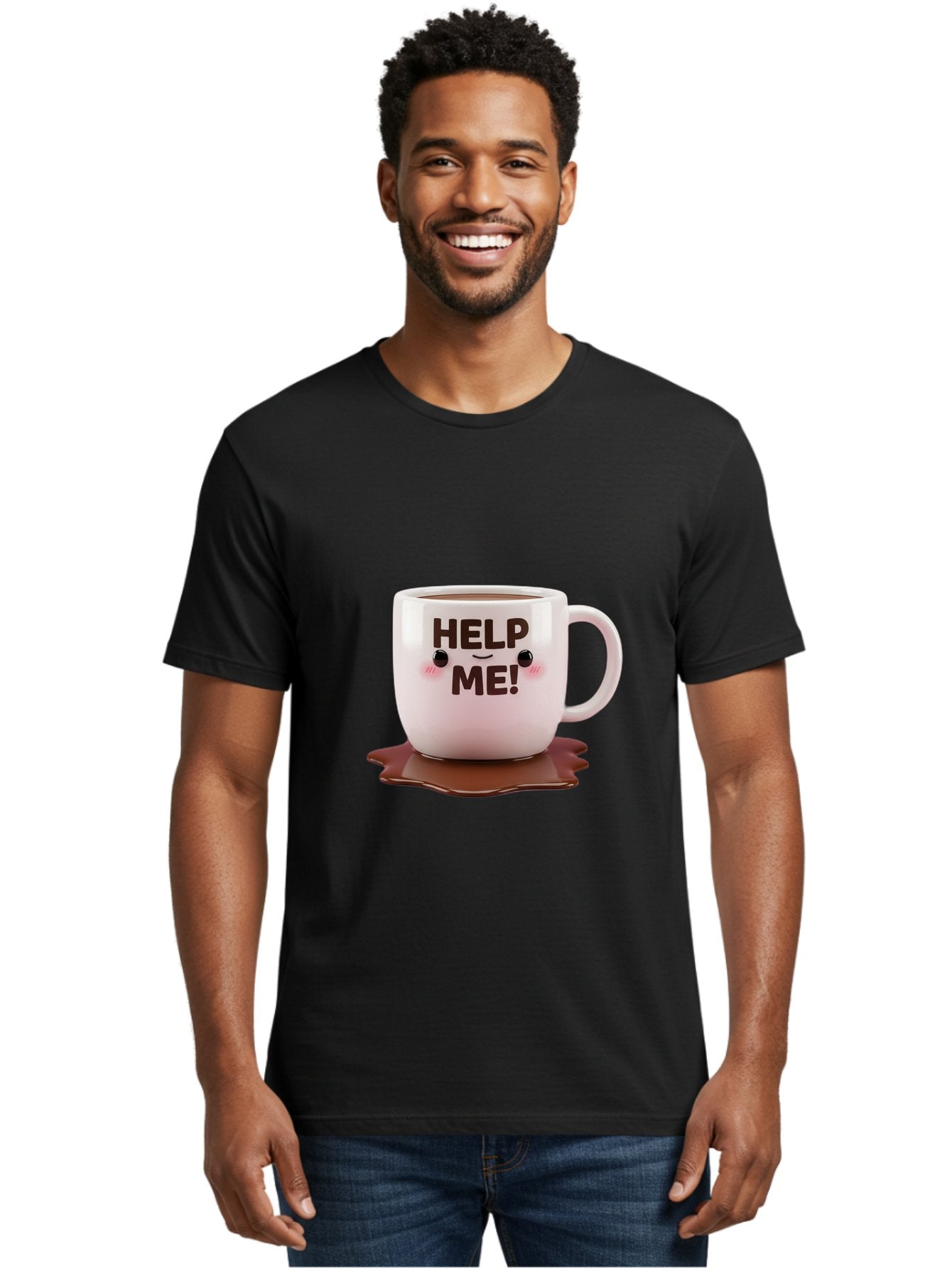 Help-Me-1 Men'S Graphic Tee, 100% Cotton, Comfortable Casual Summer Wear, Machine Washable, Help Me Coffee Mug, Cute Cartoon Design, Coffee Spill, Brown Liquid, Humorous Expression, Adorable Character, Cute Blush Cheeks, Coffee Lover Gift Bac035 17