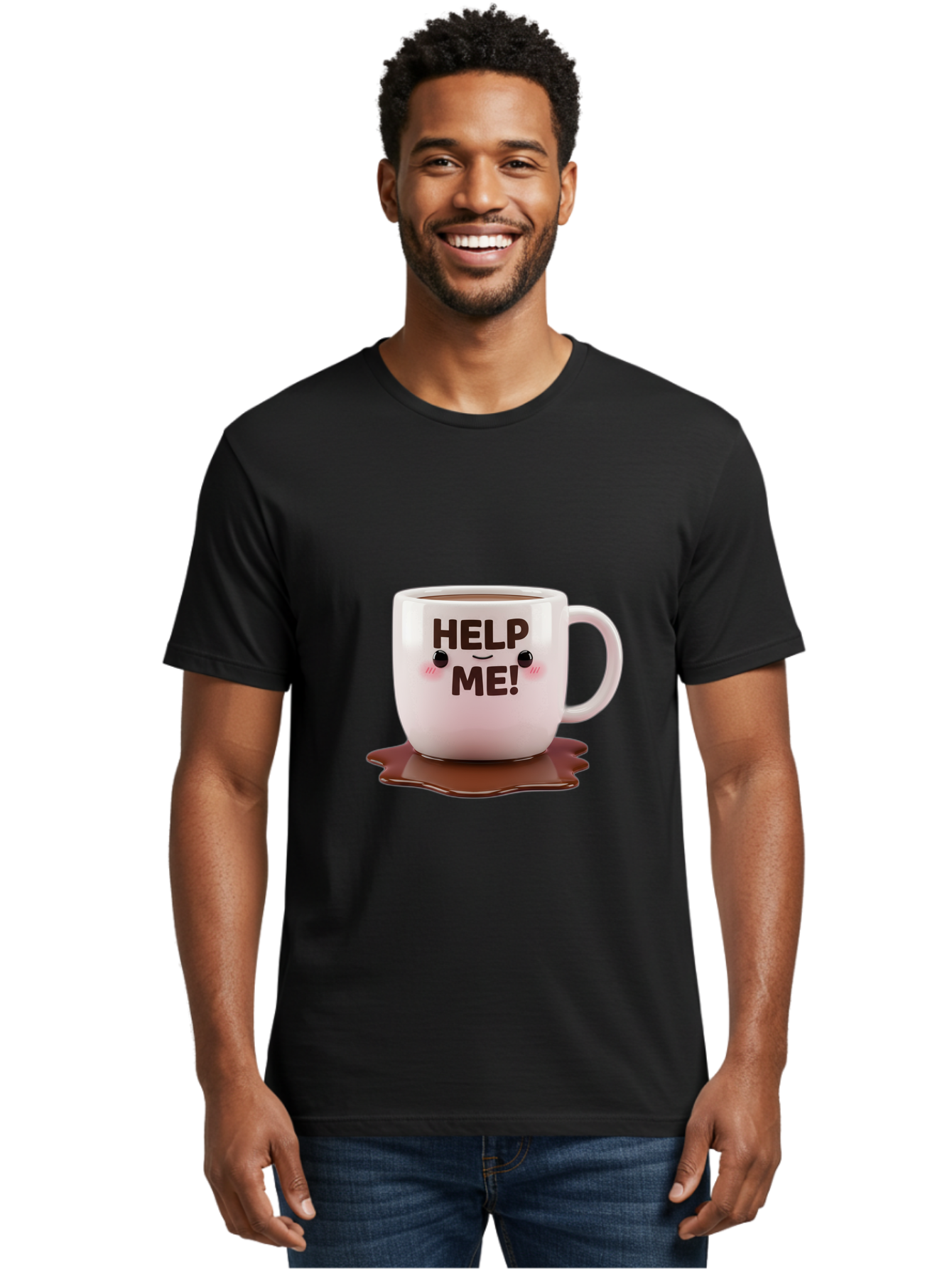 Help-Me-1 Men'S Graphic Tee, 100% Cotton, Comfortable Casual Summer Wear, Machine Washable, Help Me Coffee Mug, Cute Cartoon Design, Coffee Spill, Brown Liquid, Humorous Expression, Adorable Character, Cute Blush Cheeks, Coffee Lover Gift Bac035 29