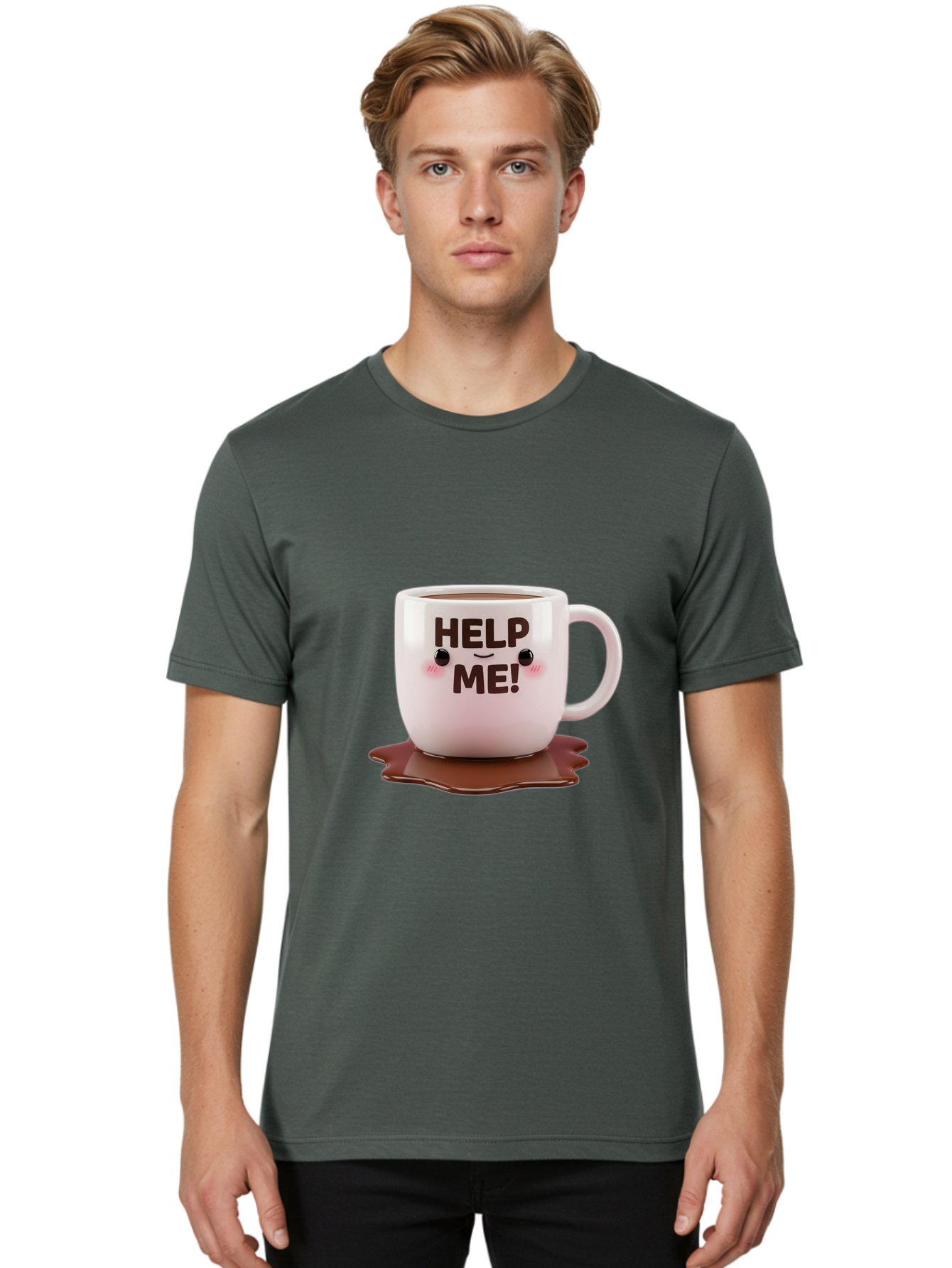 Help-Me-1 Men'S Graphic Tee, 100% Cotton, Comfortable Casual Summer Wear, Machine Washable, Help Me Coffee Mug, Cute Cartoon Design, Coffee Spill, Brown Liquid, Humorous Expression, Adorable Character, Cute Blush Cheeks, Coffee Lover Gift Bac035 30