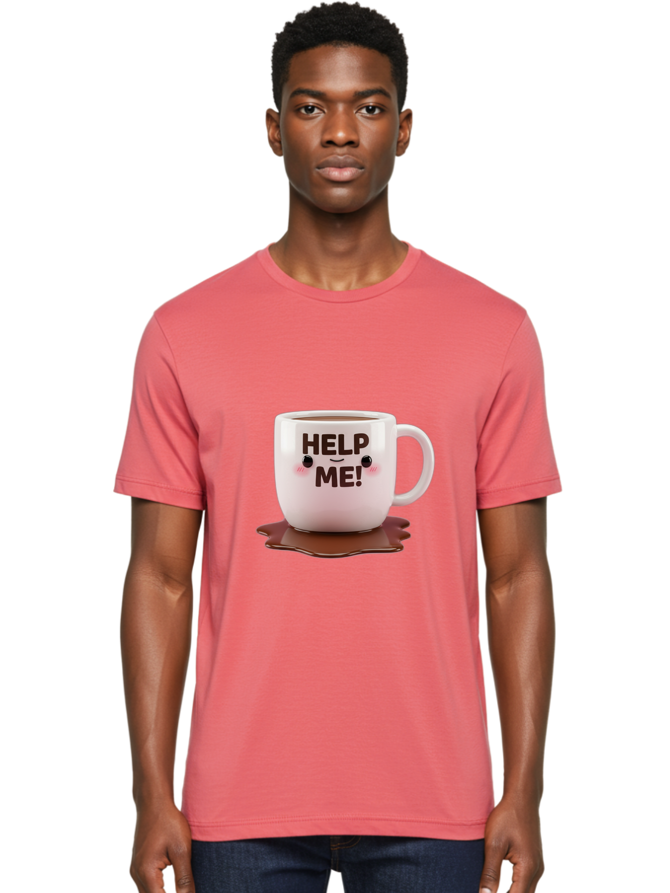 Help-Me-1 Men'S Graphic Tee, 100% Cotton, Comfortable Casual Summer Wear, Machine Washable, Help Me Coffee Mug, Cute Cartoon Design, Coffee Spill, Brown Liquid, Humorous Expression, Adorable Character, Cute Blush Cheeks, Coffee Lover Gift Bac035 18