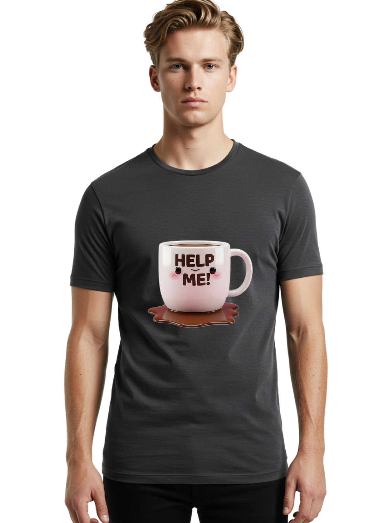 Help-Me-1 Men'S Graphic Tee, 100% Cotton, Comfortable Casual Summer Wear, Machine Washable, Help Me Coffee Mug, Cute Cartoon Design, Coffee Spill, Brown Liquid, Humorous Expression, Adorable Character, Cute Blush Cheeks, Coffee Lover Gift Bac035 24