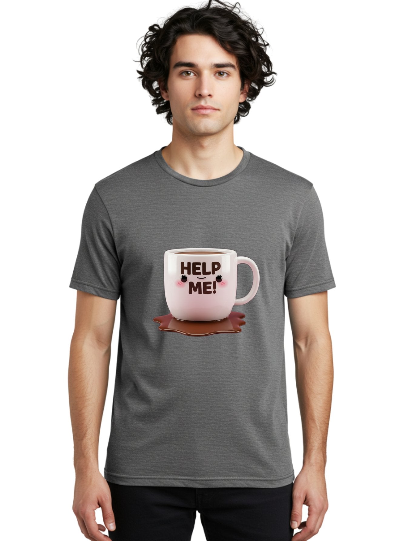 Help-Me-1 Men'S Graphic Tee, 100% Cotton, Comfortable Casual Summer Wear, Machine Washable, Help Me Coffee Mug, Cute Cartoon Design, Coffee Spill, Brown Liquid, Humorous Expression, Adorable Character, Cute Blush Cheeks, Coffee Lover Gift Bac035 16
