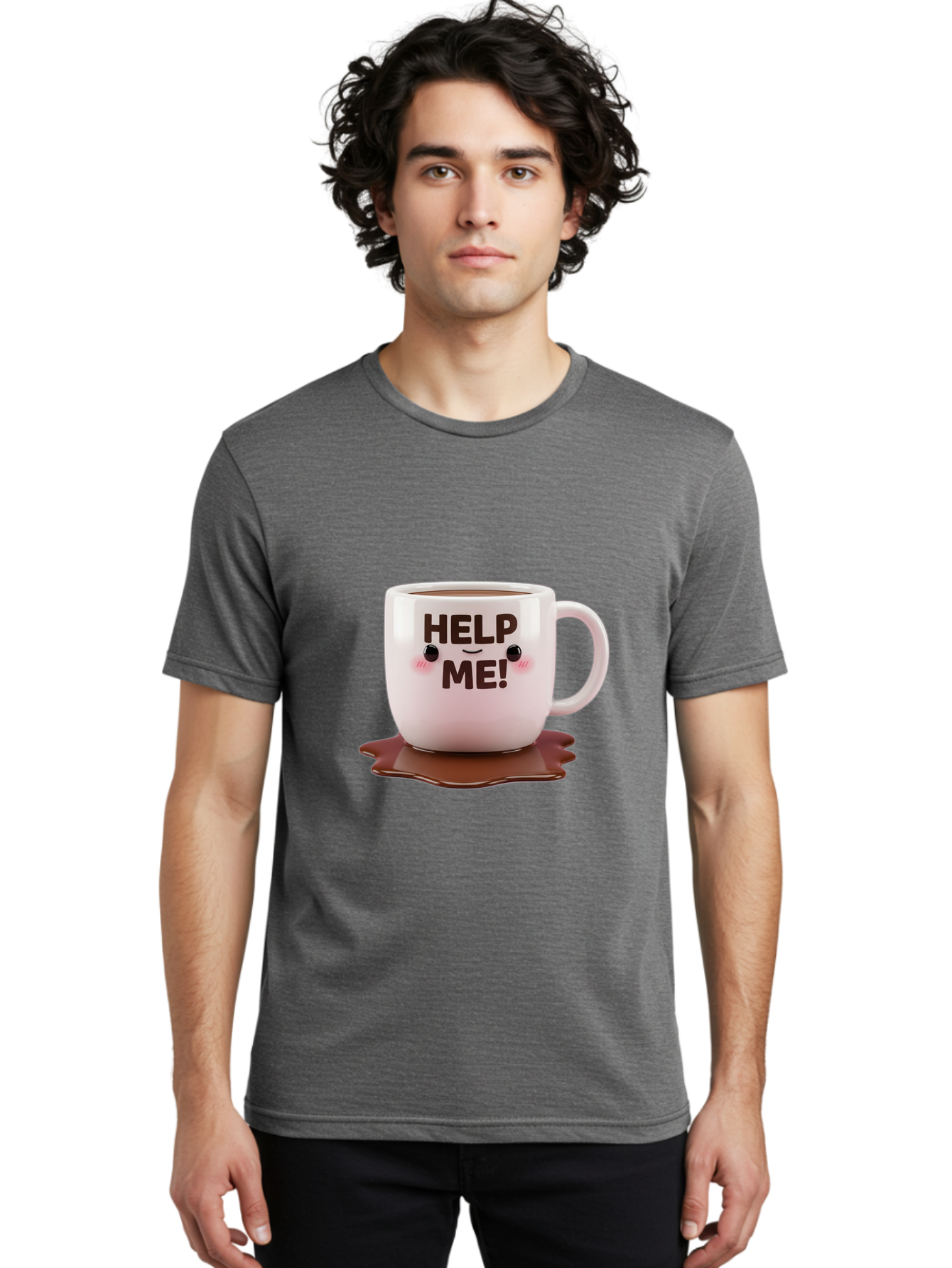 Help-Me-1 Men'S Graphic Tee, 100% Cotton, Comfortable Casual Summer Wear, Machine Washable, Help Me Coffee Mug, Cute Cartoon Design, Coffee Spill, Brown Liquid, Humorous Expression, Adorable Character, Cute Blush Cheeks, Coffee Lover Gift Bac035 28
