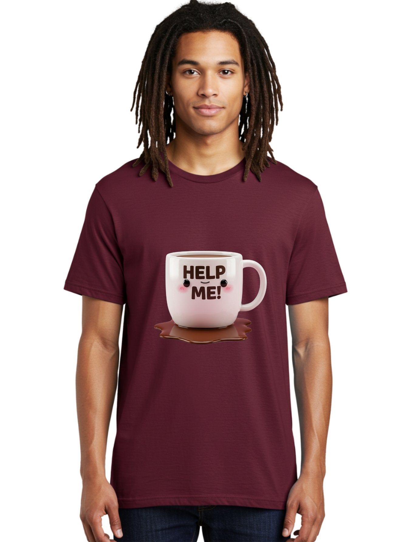 Help-Me-1 Men'S Graphic Tee, 100% Cotton, Comfortable Casual Summer Wear, Machine Washable, Help Me Coffee Mug, Cute Cartoon Design, Coffee Spill, Brown Liquid, Humorous Expression, Adorable Character, Cute Blush Cheeks, Coffee Lover Gift Bac035 25