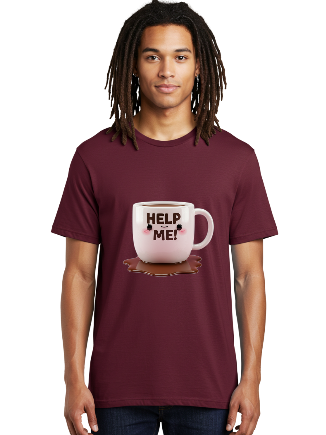 Help-Me-1 Men'S Graphic Tee, 100% Cotton, Comfortable Casual Summer Wear, Machine Washable, Help Me Coffee Mug, Cute Cartoon Design, Coffee Spill, Brown Liquid, Humorous Expression, Adorable Character, Cute Blush Cheeks, Coffee Lover Gift Bac035 21