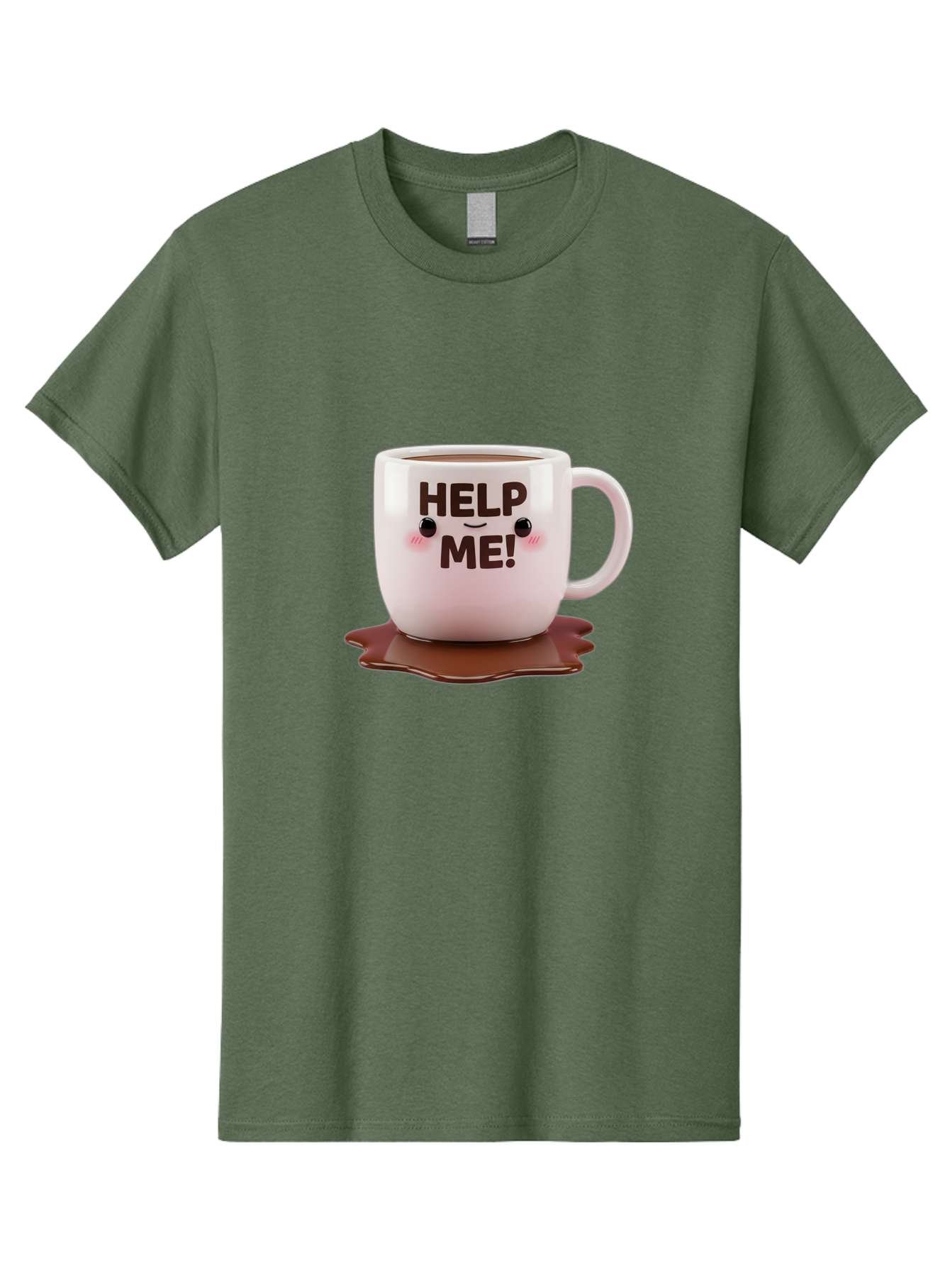 Help-Me-1 Men'S Graphic Tee, 100% Cotton, Comfortable Casual Summer Wear, Machine Washable, Help Me Coffee Mug, Cute Cartoon Design, Coffee Spill, Brown Liquid, Humorous Expression, Adorable Character, Cute Blush Cheeks, Coffee Lover Gift Bac035