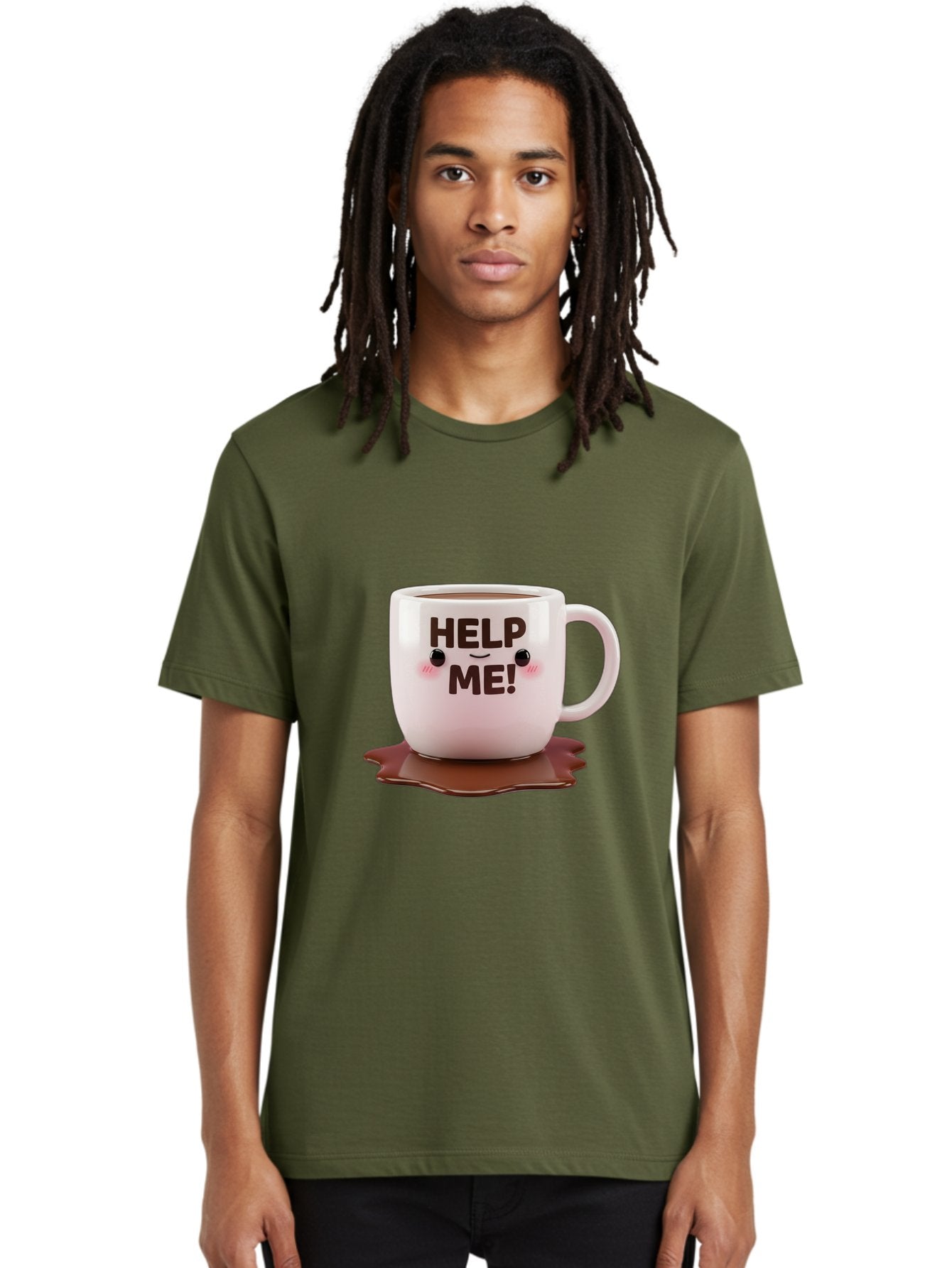 Help-Me-1 Men'S Graphic Tee, 100% Cotton, Comfortable Casual Summer Wear, Machine Washable, Help Me Coffee Mug, Cute Cartoon Design, Coffee Spill, Brown Liquid, Humorous Expression, Adorable Character, Cute Blush Cheeks, Coffee Lover Gift Bac035 29