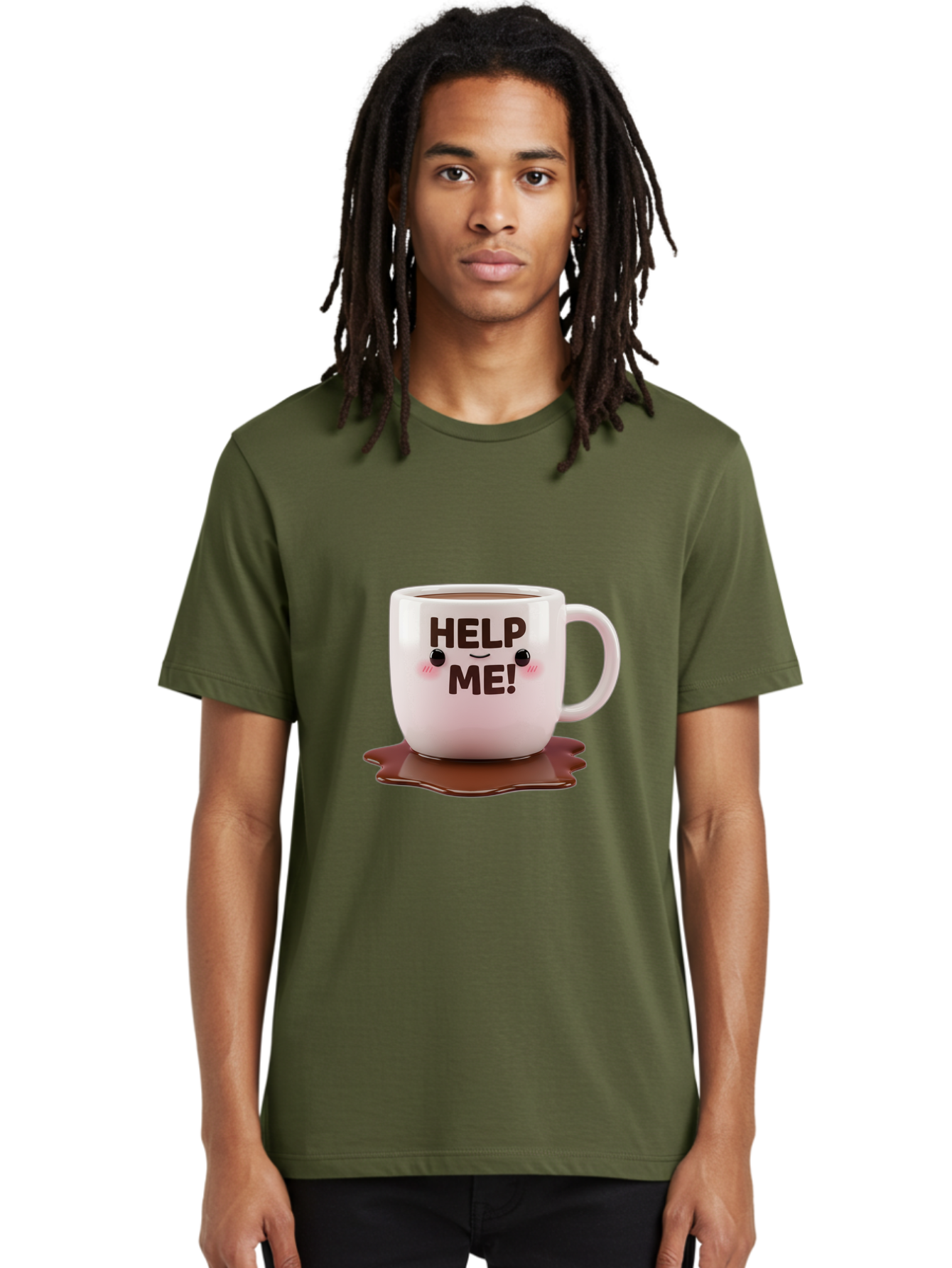 Help-Me-1 Men'S Graphic Tee, 100% Cotton, Comfortable Casual Summer Wear, Machine Washable, Help Me Coffee Mug, Cute Cartoon Design, Coffee Spill, Brown Liquid, Humorous Expression, Adorable Character, Cute Blush Cheeks, Coffee Lover Gift Bac035 17