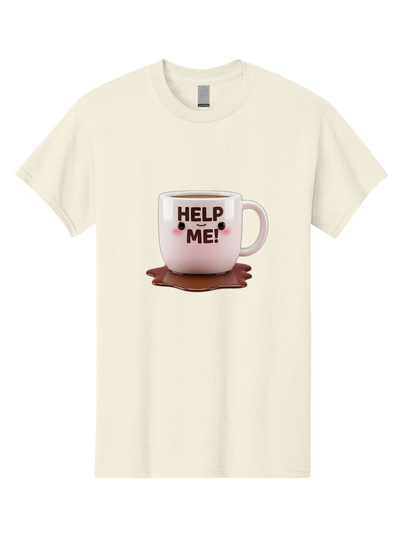 Help-Me-1 Men'S Graphic Tee, 100% Cotton, Comfortable Casual Summer Wear, Machine Washable, Help Me Coffee Mug, Cute Cartoon Design, Coffee Spill, Brown Liquid, Humorous Expression, Adorable Character, Cute Blush Cheeks, Coffee Lover Gift Bac035