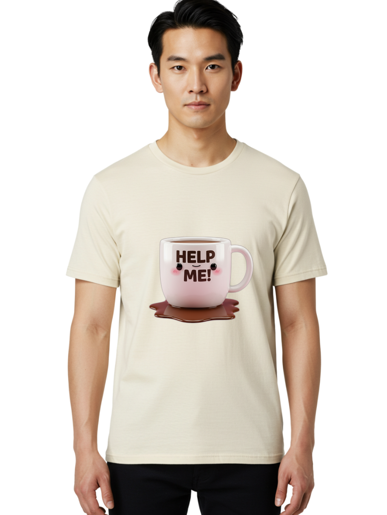 Help-Me-1 Men'S Graphic Tee, 100% Cotton, Comfortable Casual Summer Wear, Machine Washable, Help Me Coffee Mug, Cute Cartoon Design, Coffee Spill, Brown Liquid, Humorous Expression, Adorable Character, Cute Blush Cheeks, Coffee Lover Gift Bac035 25
