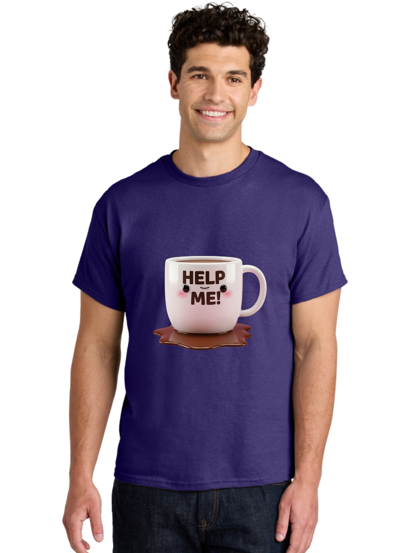 Help-Me-1 Men'S Graphic Tee, 100% Cotton, Comfortable Casual Summer Wear, Machine Washable, Help Me Coffee Mug, Cute Cartoon Design, Coffee Spill, Brown Liquid, Humorous Expression, Adorable Character, Cute Blush Cheeks, Coffee Lover Gift Bac035 23