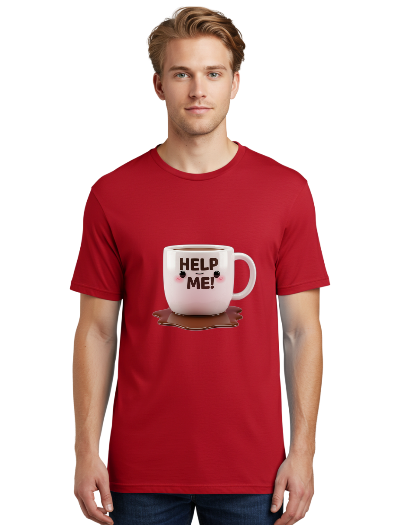 Help-Me-1 Men'S Graphic Tee, 100% Cotton, Comfortable Casual Summer Wear, Machine Washable, Help Me Coffee Mug, Cute Cartoon Design, Coffee Spill, Brown Liquid, Humorous Expression, Adorable Character, Cute Blush Cheeks, Coffee Lover Gift Bac035 19