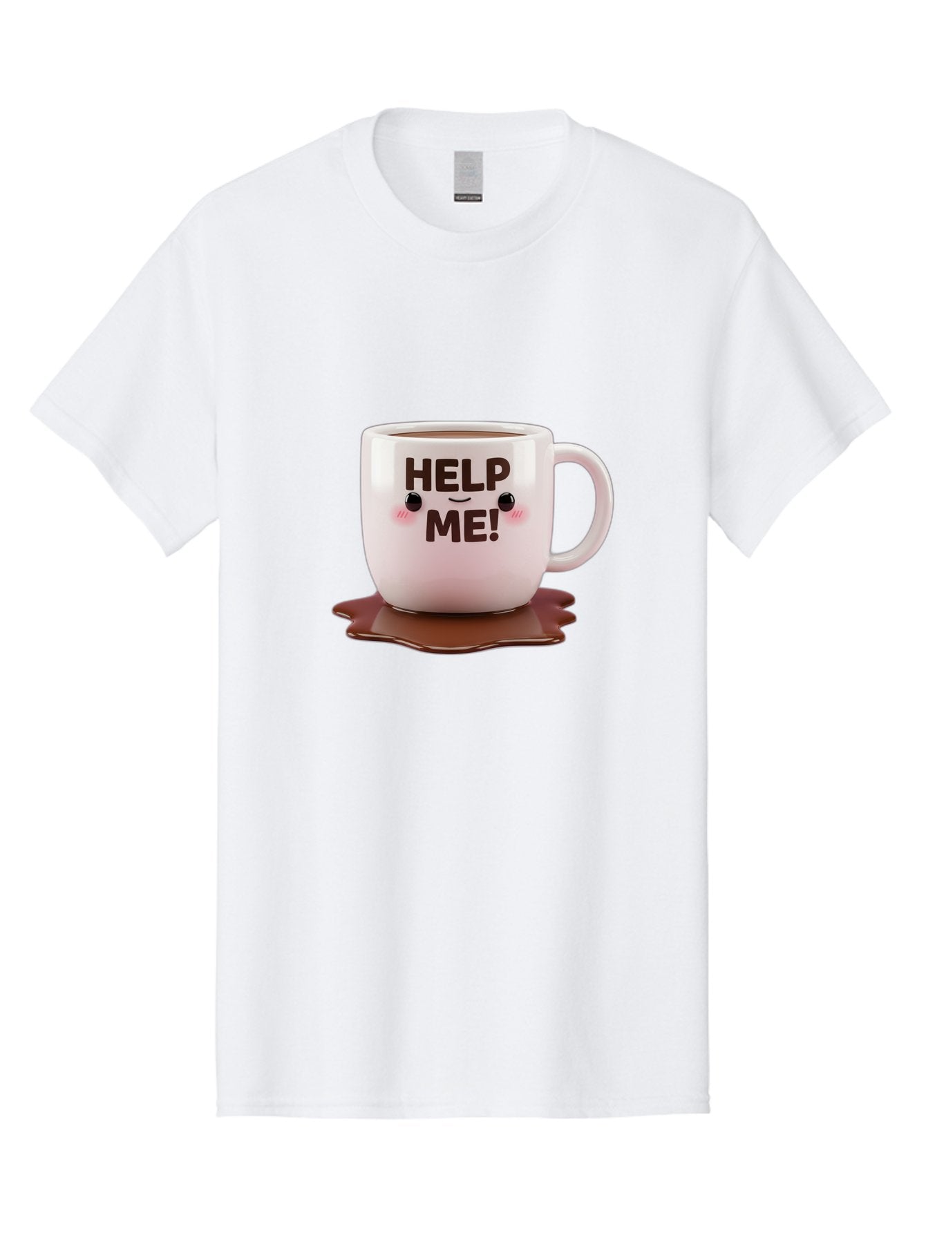 Help-Me-1 Men'S Graphic Tee, 100% Cotton, Comfortable Casual Summer Wear, Machine Washable, Help Me Coffee Mug, Cute Cartoon Design, Coffee Spill, Brown Liquid, Humorous Expression, Adorable Character, Cute Blush Cheeks, Coffee Lover Gift Bac035