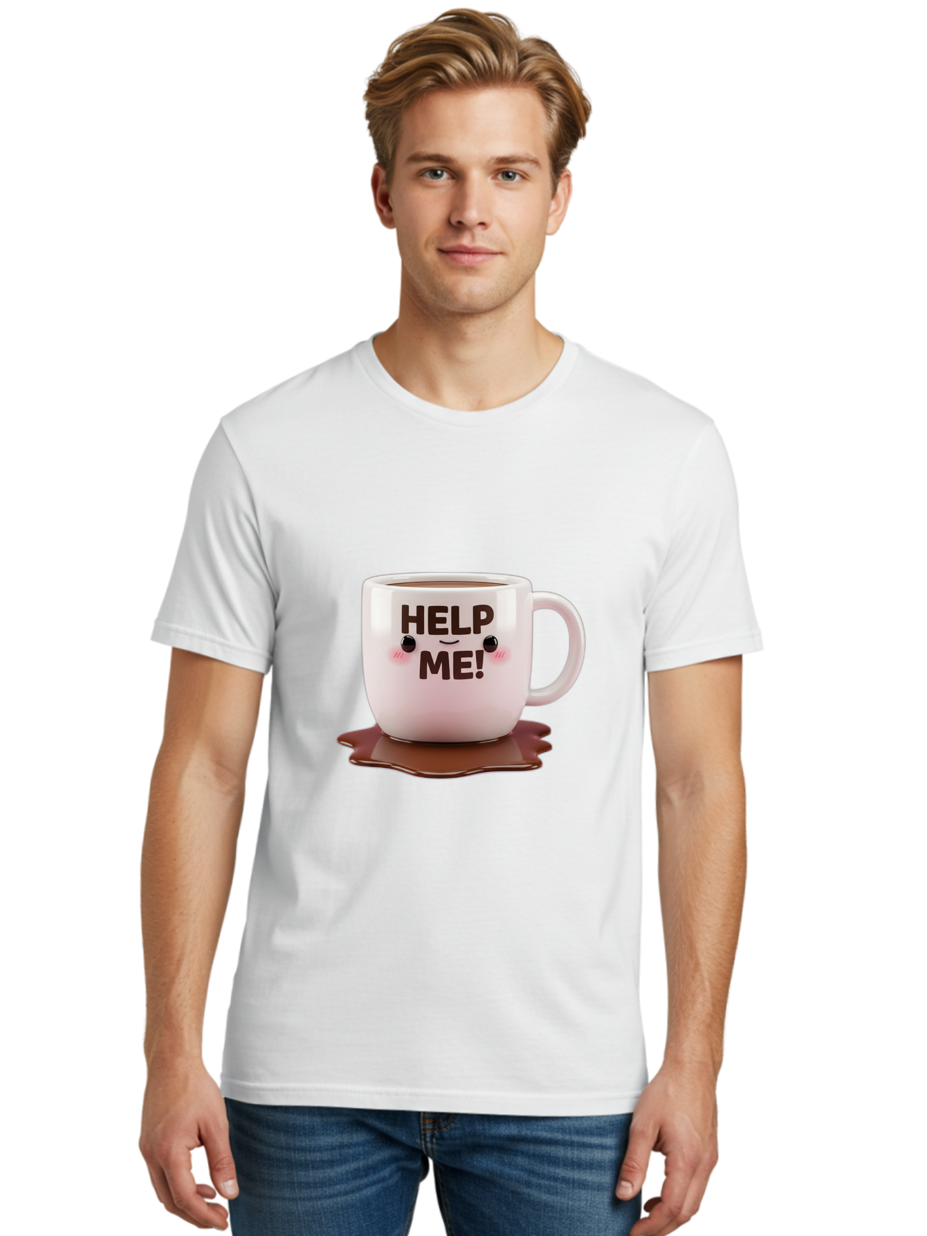Help-Me-1 Men'S Graphic Tee, 100% Cotton, Comfortable Casual Summer Wear, Machine Washable, Help Me Coffee Mug, Cute Cartoon Design, Coffee Spill, Brown Liquid, Humorous Expression, Adorable Character, Cute Blush Cheeks, Coffee Lover Gift Bac035 26