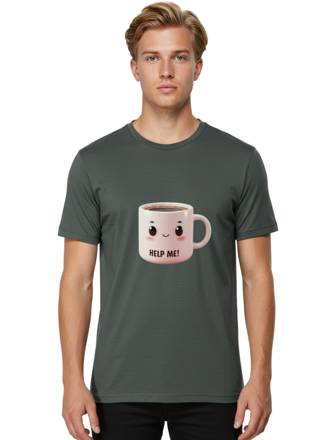 Help-Me-10 Men'S Graphic Tee, 100% Cotton, Comfortable Casual Summer Wear, Machine Washable, Cute Coffee Mug, Funny Design, Cartoon Eyes, Help Me Text, Coffee Culture, Humorous Meme, Relatable Humor, Coffee Lover Gift, Quirky Design Bac036 18