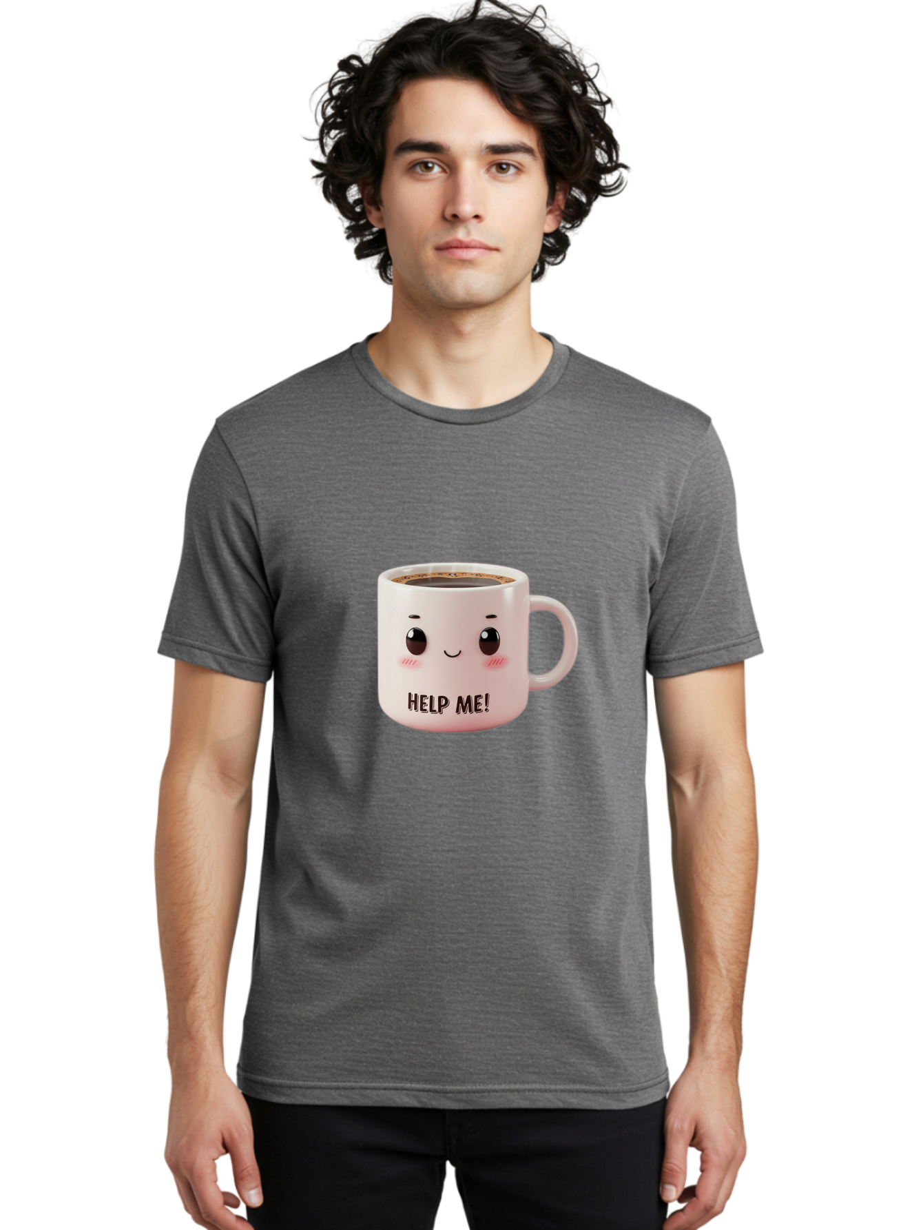 Help-Me-10 Men'S Graphic Tee, 100% Cotton, Comfortable Casual Summer Wear, Machine Washable, Cute Coffee Mug, Funny Design, Cartoon Eyes, Help Me Text, Coffee Culture, Humorous Meme, Relatable Humor, Coffee Lover Gift, Quirky Design Bac036 16
