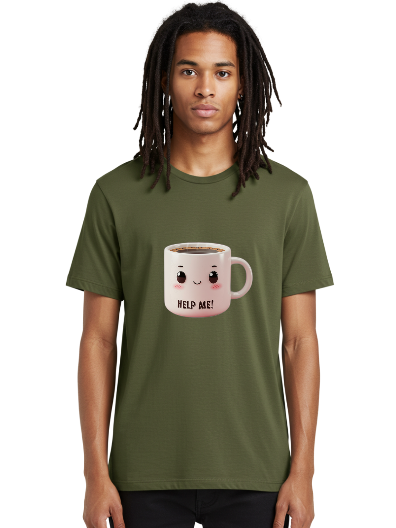 Help-Me-10 Men'S Graphic Tee, 100% Cotton, Comfortable Casual Summer Wear, Machine Washable, Cute Coffee Mug, Funny Design, Cartoon Eyes, Help Me Text, Coffee Culture, Humorous Meme, Relatable Humor, Coffee Lover Gift, Quirky Design Bac036 27