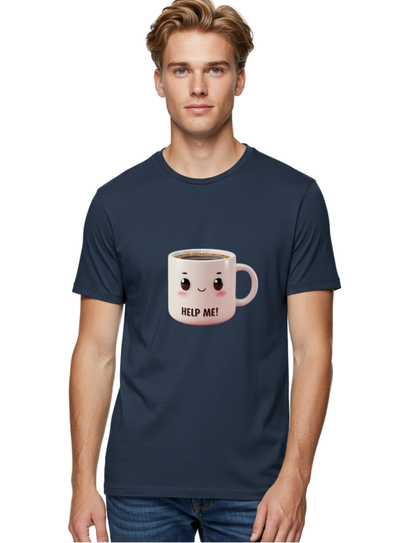 Help-Me-10 Men'S Graphic Tee, 100% Cotton, Comfortable Casual Summer Wear, Machine Washable, Cute Coffee Mug, Funny Design, Cartoon Eyes, Help Me Text, Coffee Culture, Humorous Meme, Relatable Humor, Coffee Lover Gift, Quirky Design Bac036 26