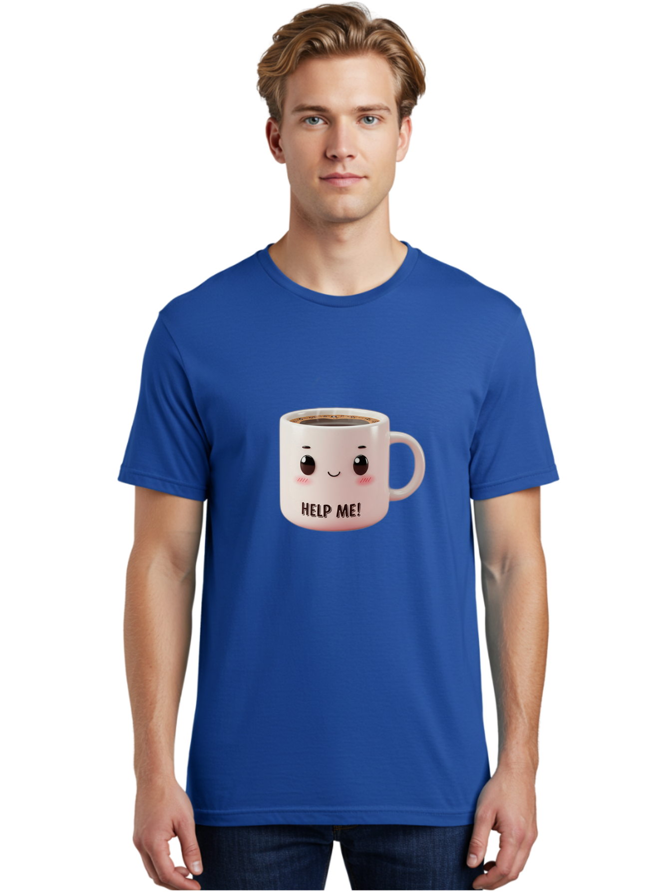 Help-Me-10 Men'S Graphic Tee, 100% Cotton, Comfortable Casual Summer Wear, Machine Washable, Cute Coffee Mug, Funny Design, Cartoon Eyes, Help Me Text, Coffee Culture, Humorous Meme, Relatable Humor, Coffee Lover Gift, Quirky Design Bac036 17