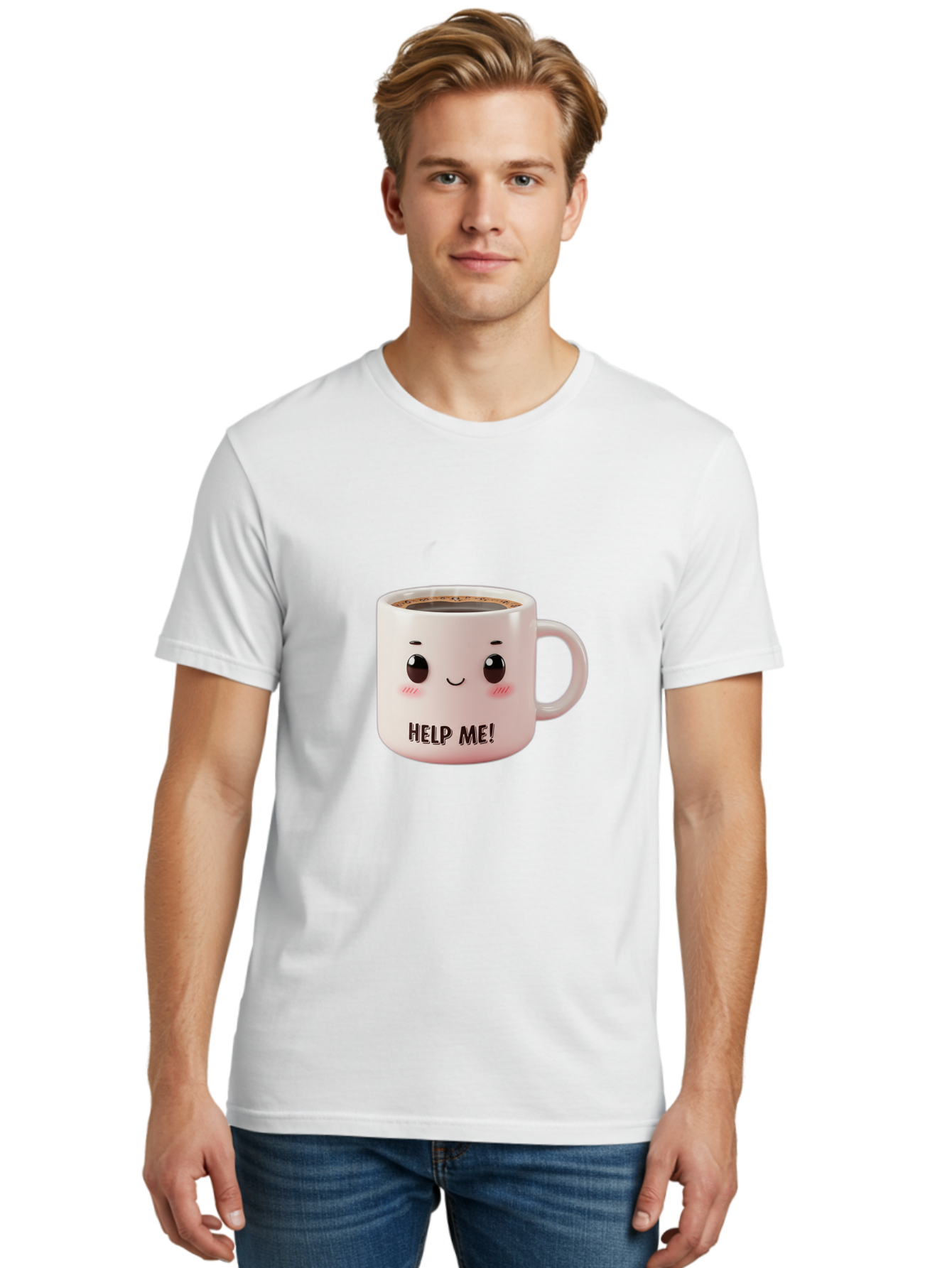 Help-Me-10 Men'S Graphic Tee, 100% Cotton, Comfortable Casual Summer Wear, Machine Washable, Cute Coffee Mug, Funny Design, Cartoon Eyes, Help Me Text, Coffee Culture, Humorous Meme, Relatable Humor, Coffee Lover Gift, Quirky Design Bac036 24