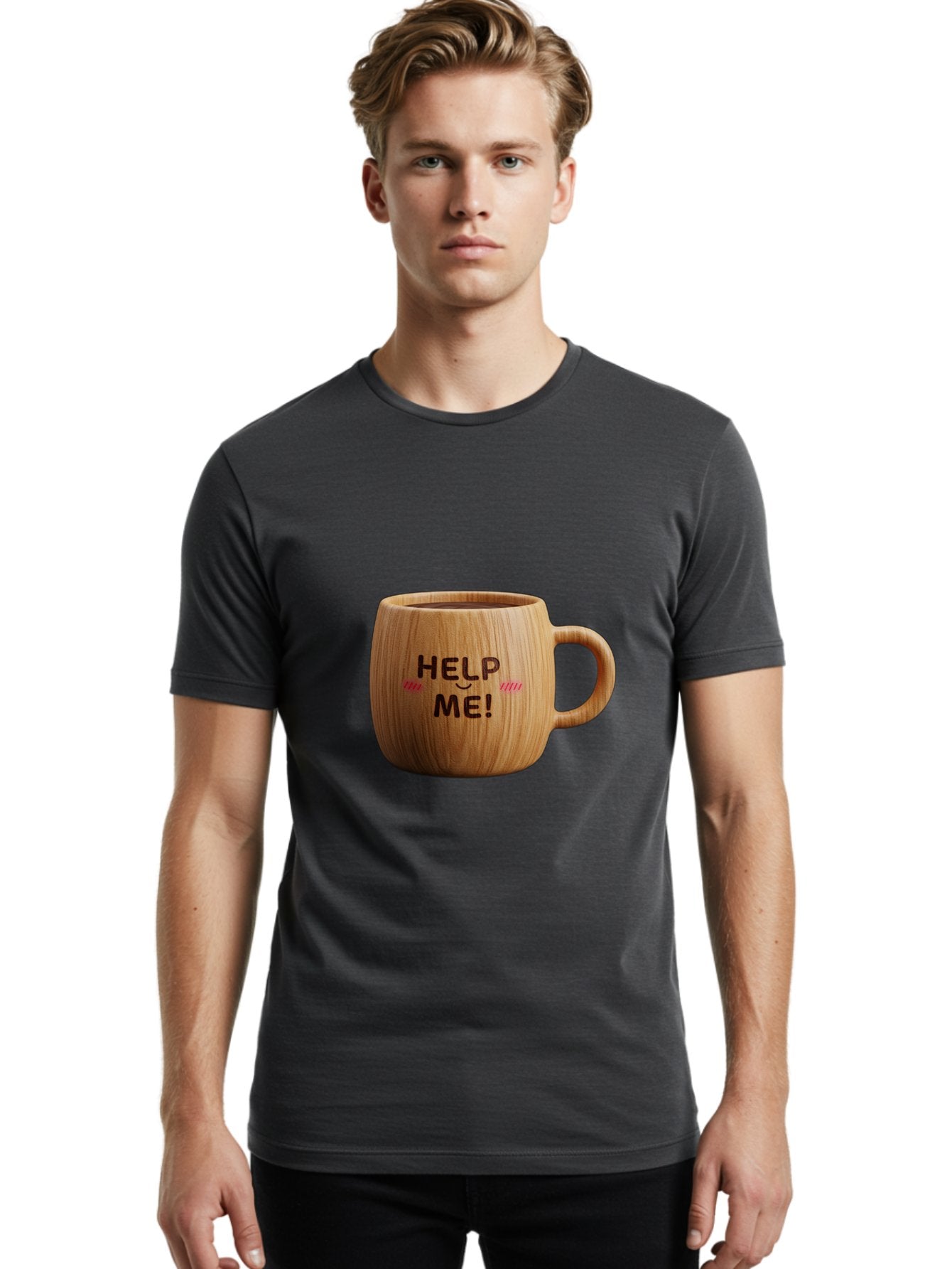 Help-Me-11 Men'S Graphic Tee, 100% Cotton, Comfortable Casual Summer Wear, Machine Washable, Wooden Coffee Mug, Text Design, Humorous Phrase, Funny Quote, Help Me, Quirky Decor, Novelty Gift, Unique Coffee Cup, Whimsical Illustration Bac037 22