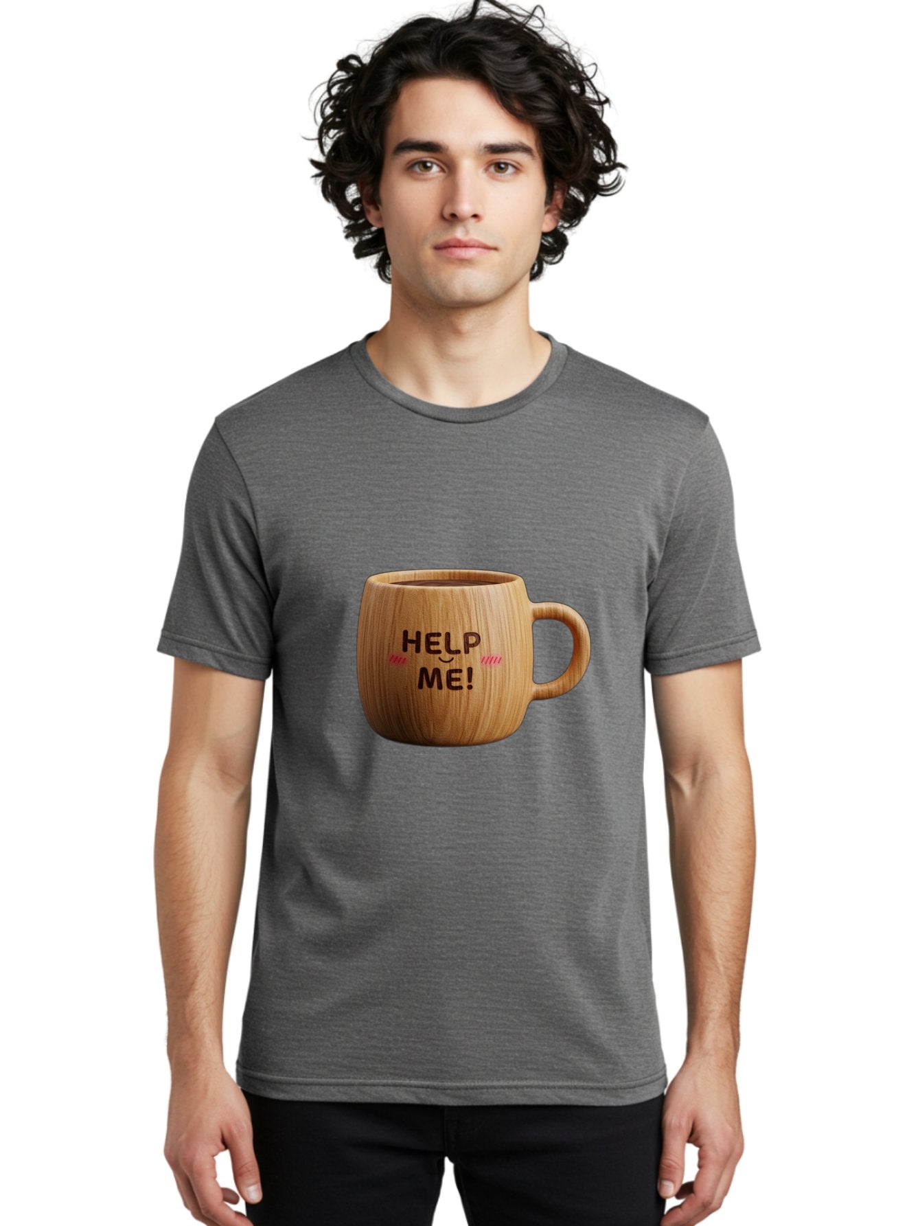Help-Me-11 Men'S Graphic Tee, 100% Cotton, Comfortable Casual Summer Wear, Machine Washable, Wooden Coffee Mug, Text Design, Humorous Phrase, Funny Quote, Help Me, Quirky Decor, Novelty Gift, Unique Coffee Cup, Whimsical Illustration Bac037 30