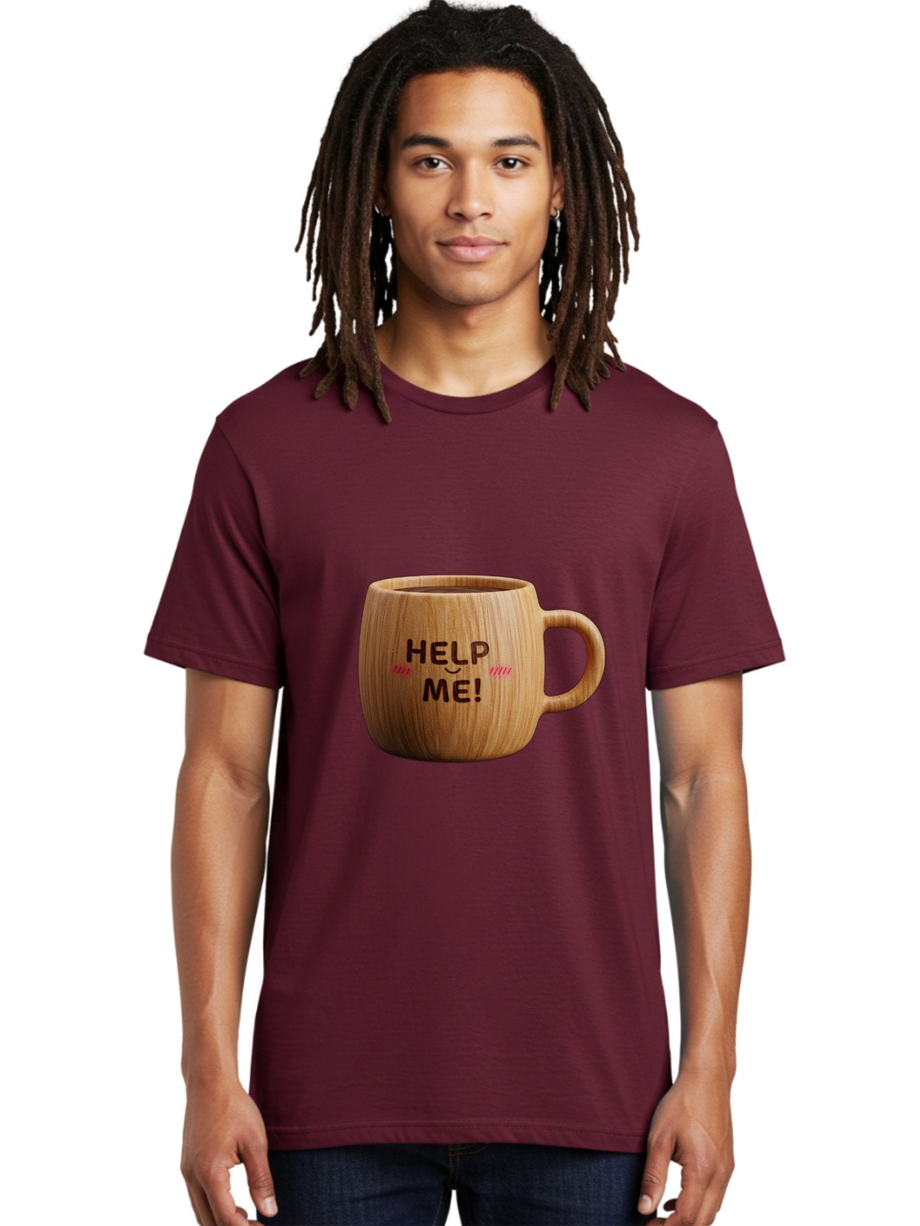 Help-Me-11 Men'S Graphic Tee, 100% Cotton, Comfortable Casual Summer Wear, Machine Washable, Wooden Coffee Mug, Text Design, Humorous Phrase, Funny Quote, Help Me, Quirky Decor, Novelty Gift, Unique Coffee Cup, Whimsical Illustration Bac037 27