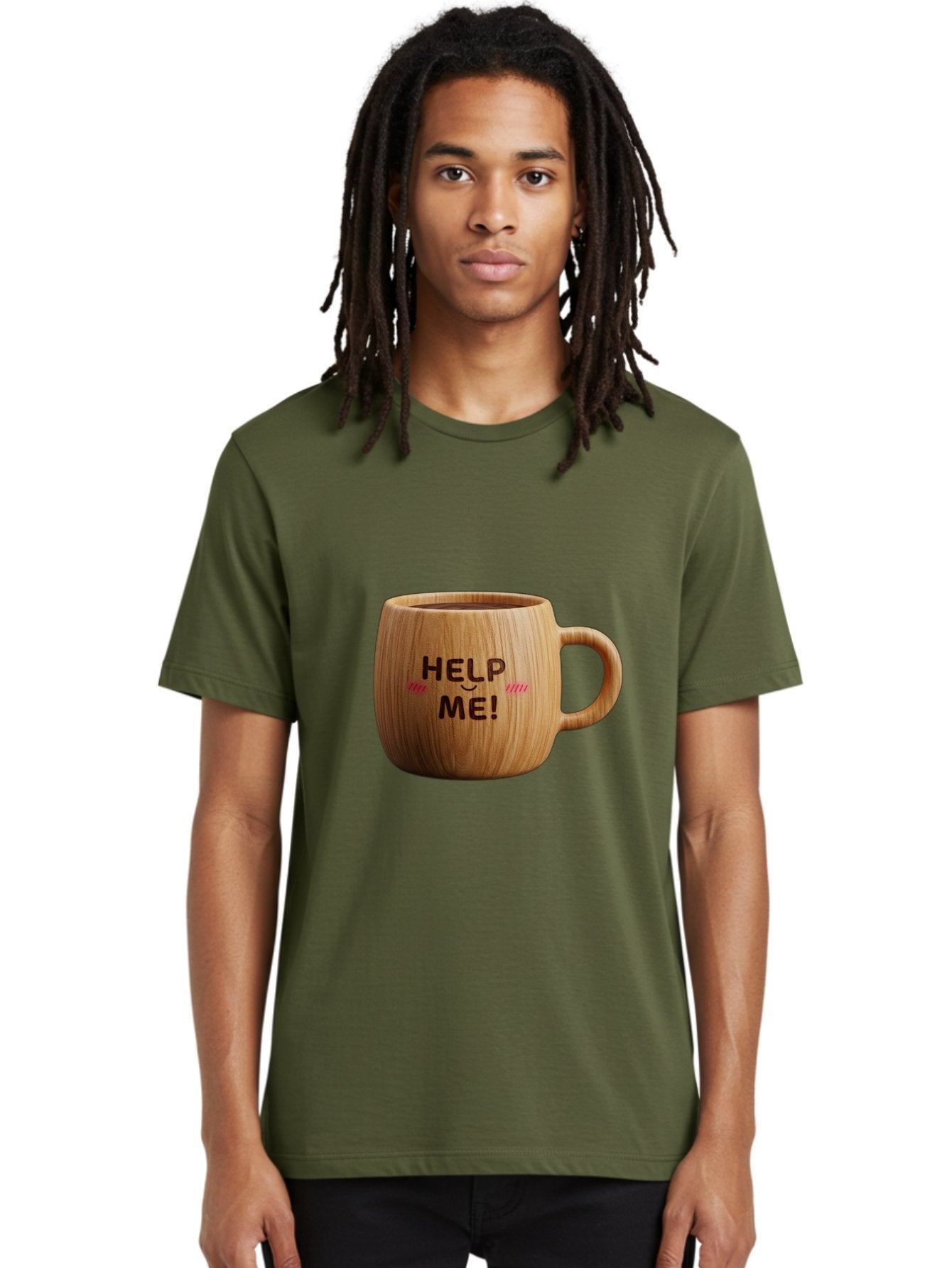 Help-Me-11 Men'S Graphic Tee, 100% Cotton, Comfortable Casual Summer Wear, Machine Washable, Wooden Coffee Mug, Text Design, Humorous Phrase, Funny Quote, Help Me, Quirky Decor, Novelty Gift, Unique Coffee Cup, Whimsical Illustration Bac037 26