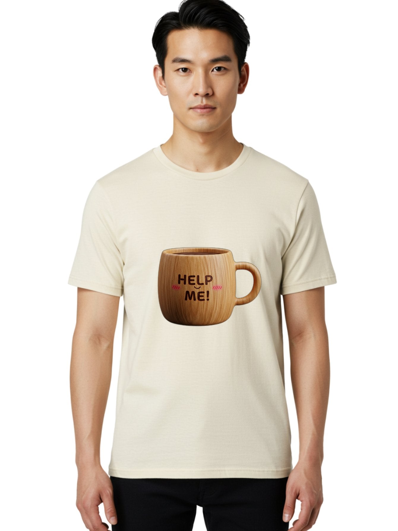 Help-Me-11 Men'S Graphic Tee, 100% Cotton, Comfortable Casual Summer Wear, Machine Washable, Wooden Coffee Mug, Text Design, Humorous Phrase, Funny Quote, Help Me, Quirky Decor, Novelty Gift, Unique Coffee Cup, Whimsical Illustration Bac037 16