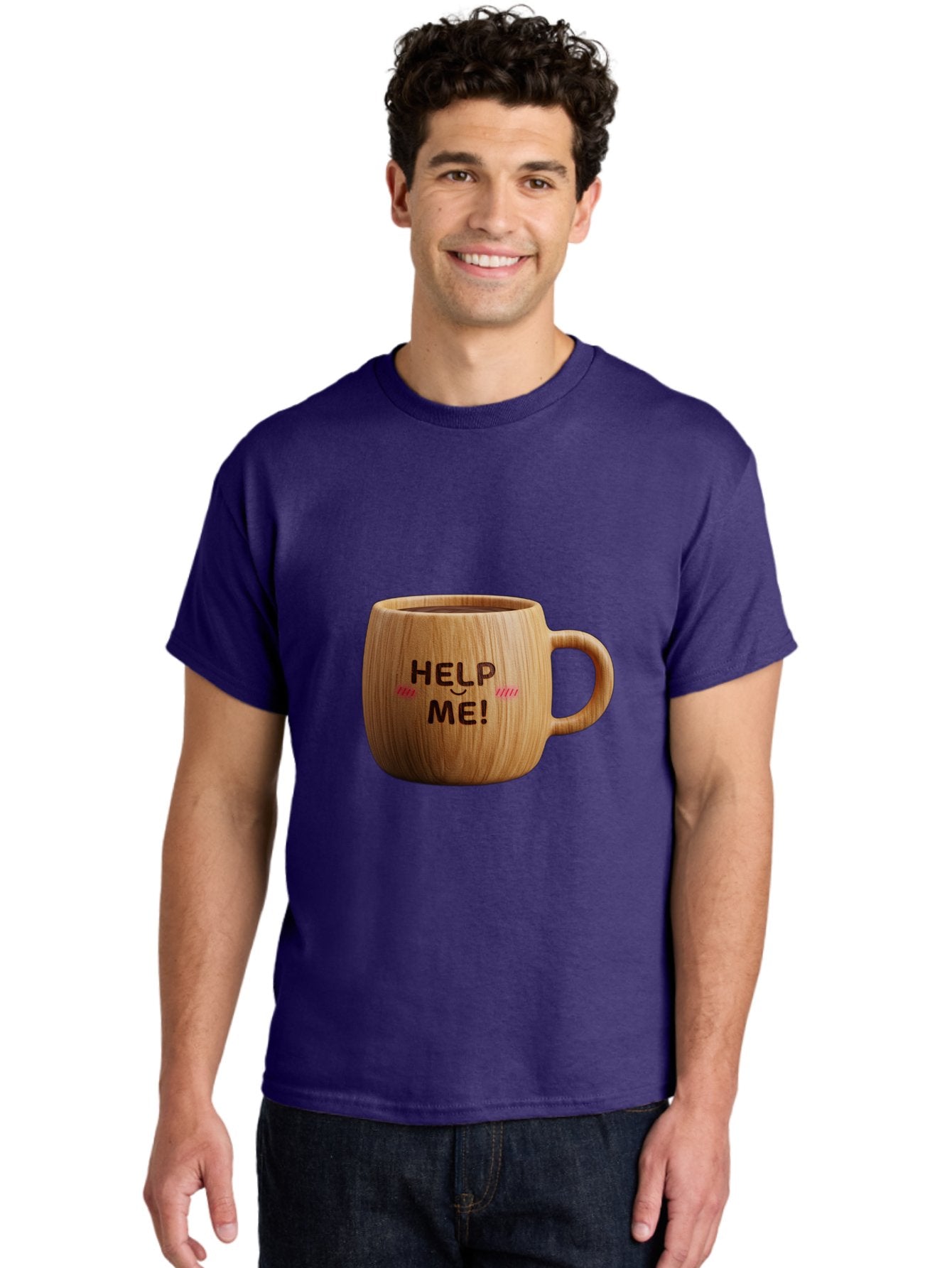 Help-Me-11 Men'S Graphic Tee, 100% Cotton, Comfortable Casual Summer Wear, Machine Washable, Wooden Coffee Mug, Text Design, Humorous Phrase, Funny Quote, Help Me, Quirky Decor, Novelty Gift, Unique Coffee Cup, Whimsical Illustration Bac037 25