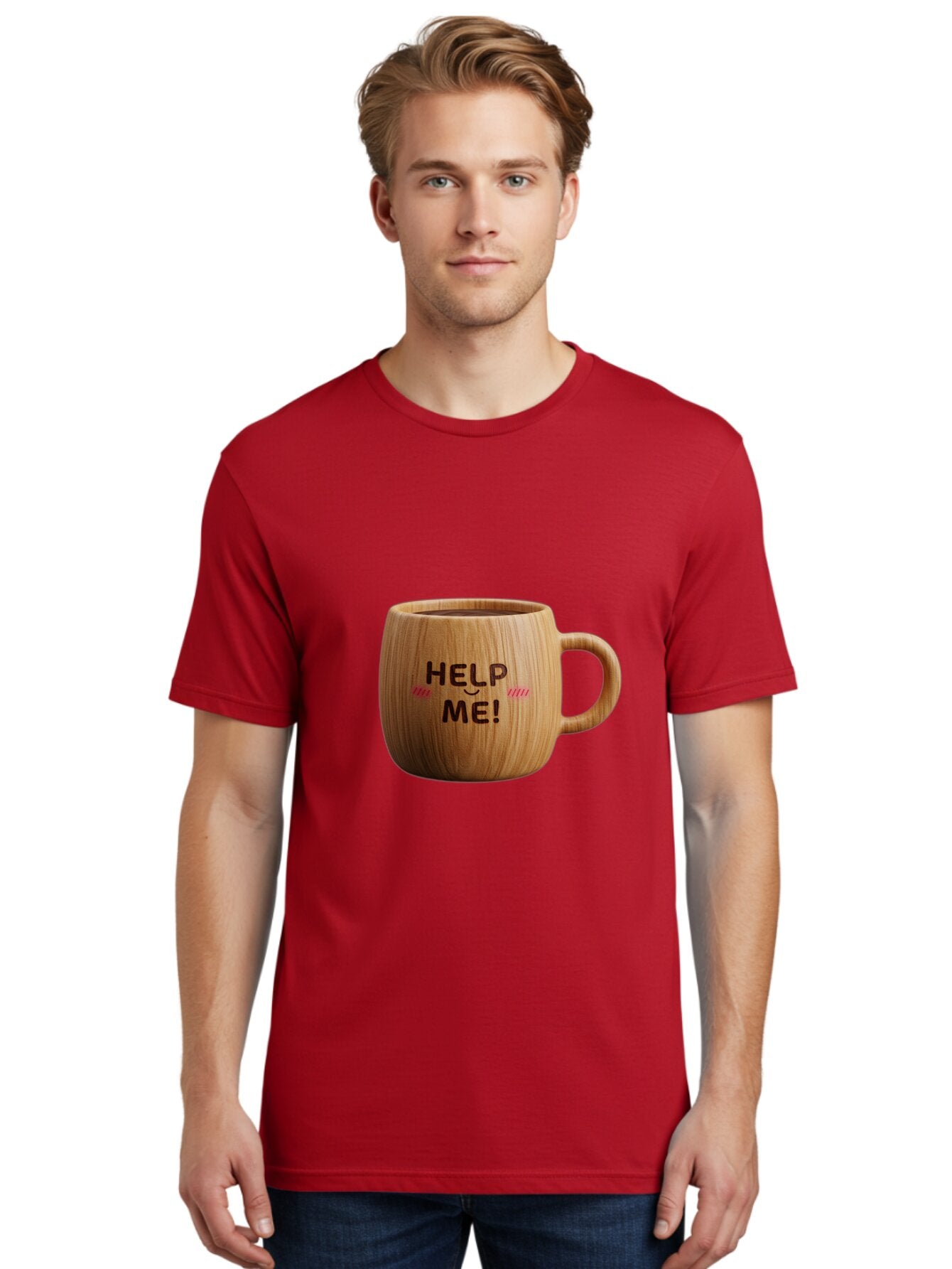 Help-Me-11 Men'S Graphic Tee, 100% Cotton, Comfortable Casual Summer Wear, Machine Washable, Wooden Coffee Mug, Text Design, Humorous Phrase, Funny Quote, Help Me, Quirky Decor, Novelty Gift, Unique Coffee Cup, Whimsical Illustration Bac037 23
