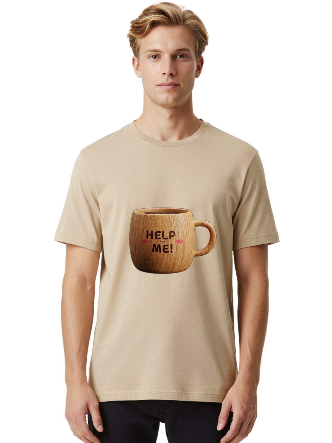 Help-Me-11 Men'S Graphic Tee, 100% Cotton, Comfortable Casual Summer Wear, Machine Washable, Wooden Coffee Mug, Text Design, Humorous Phrase, Funny Quote, Help Me, Quirky Decor, Novelty Gift, Unique Coffee Cup, Whimsical Illustration Bac037 29