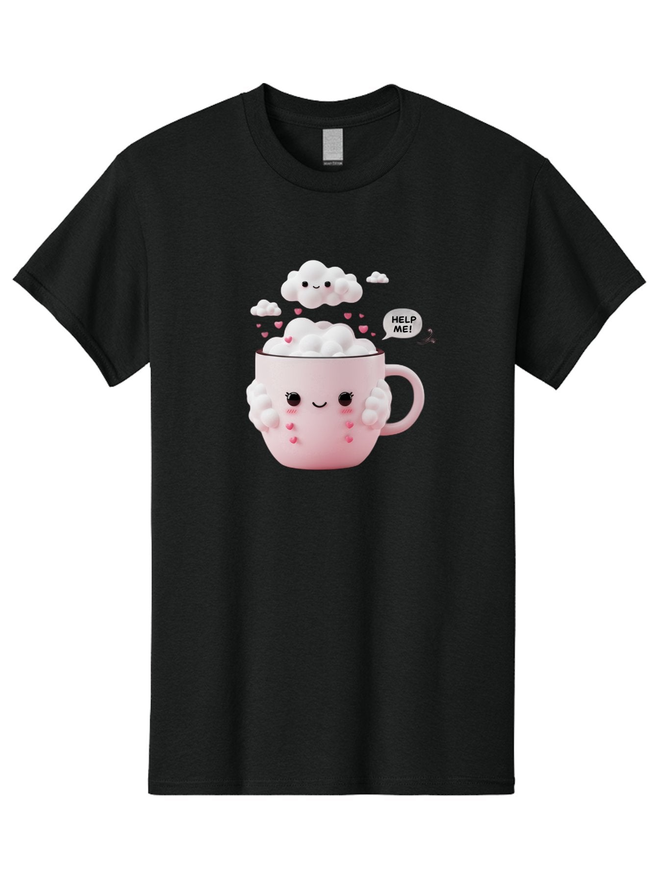 Help-Me-12 Men'S Graphic Tee, 100% Cotton, Comfortable Casual Summer Wear, Machine Washable, Cute Coffee Mug, Cartoon Character, Coffee Foam, Pink Hearts, Smiling Face, Speech Bubble, Help Me, Coffee Lover, Funny Illustration, Kawaii Art, Bac038 4