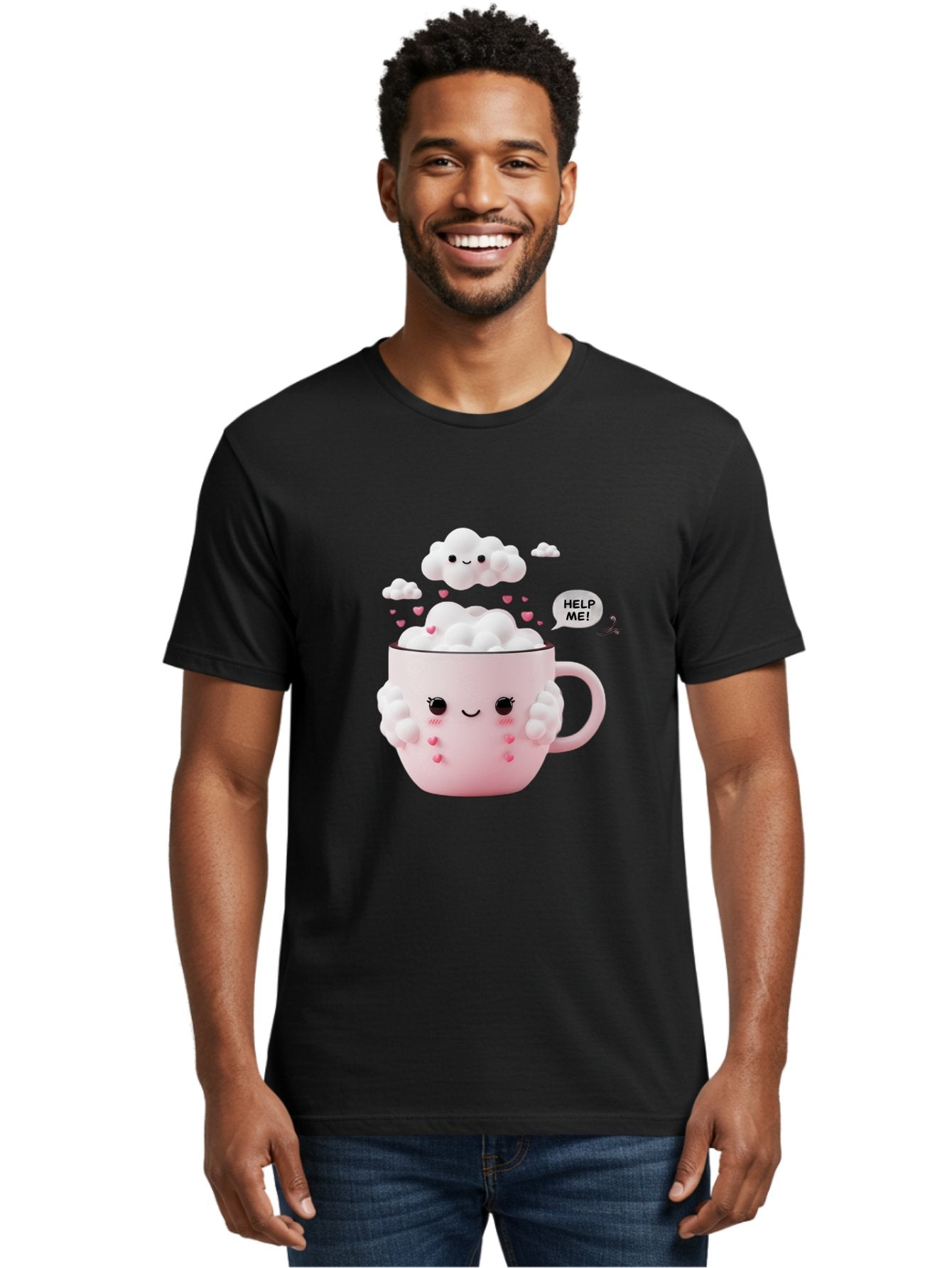 Help-Me-12 Men'S Graphic Tee, 100% Cotton, Comfortable Casual Summer Wear, Machine Washable, Cute Coffee Mug, Cartoon Character, Coffee Foam, Pink Hearts, Smiling Face, Speech Bubble, Help Me, Coffee Lover, Funny Illustration, Kawaii Art, Bac038 18