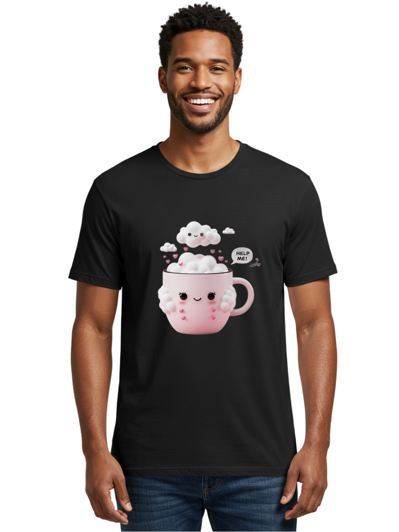 Help-Me-12 Men'S Graphic Tee, 100% Cotton, Comfortable Casual Summer Wear, Machine Washable, Cute Coffee Mug, Cartoon Character, Coffee Foam, Pink Hearts, Smiling Face, Speech Bubble, Help Me, Coffee Lover, Funny Illustration, Kawaii Art, Bac038 27