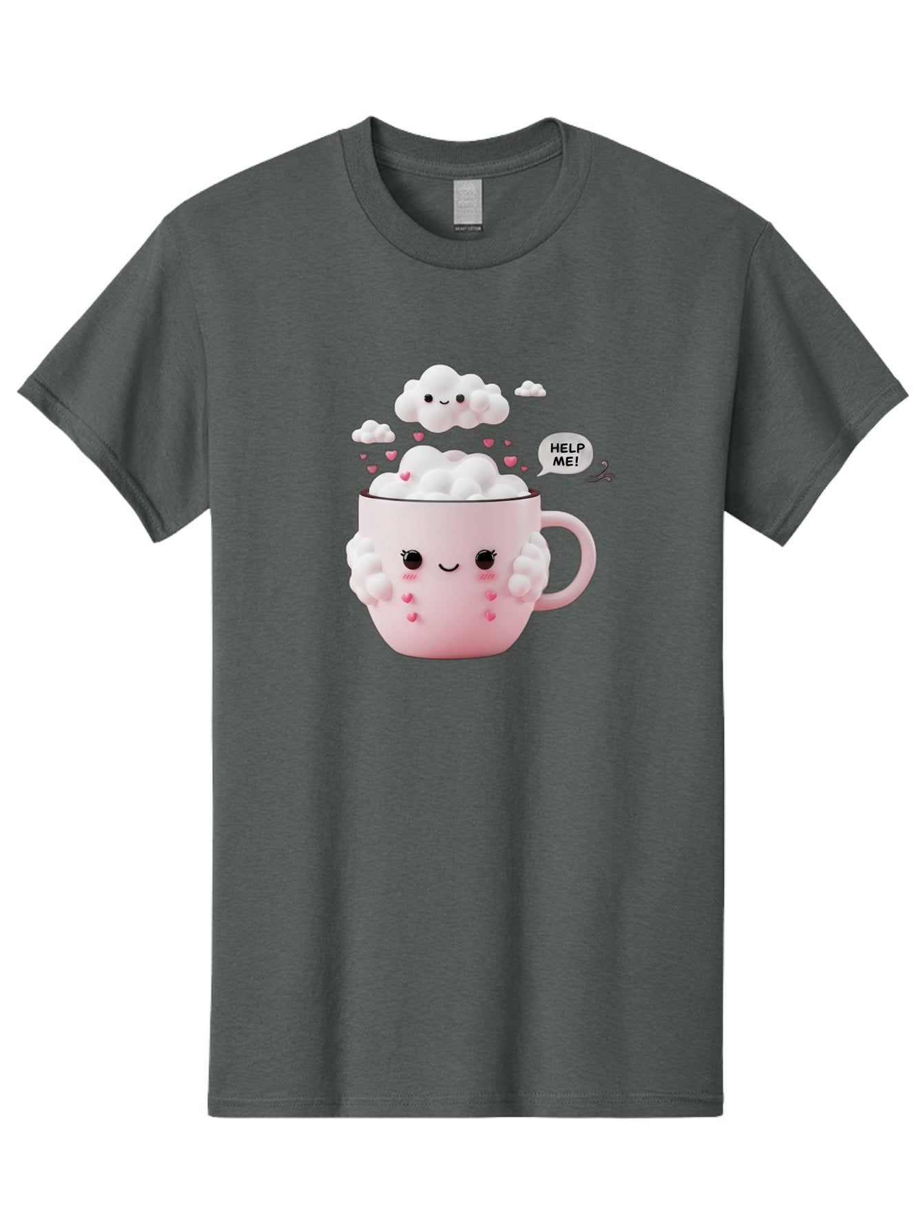 Help-Me-12 Men'S Graphic Tee, 100% Cotton, Comfortable Casual Summer Wear, Machine Washable, Cute Coffee Mug, Cartoon Character, Coffee Foam, Pink Hearts, Smiling Face, Speech Bubble, Help Me, Coffee Lover, Funny Illustration, Kawaii Art, Bac038 7
