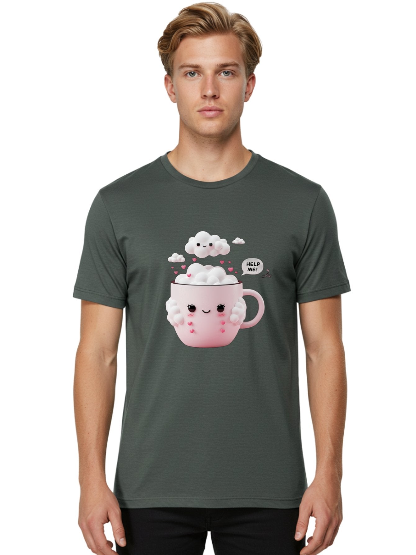 Help-Me-12 Men'S Graphic Tee, 100% Cotton, Comfortable Casual Summer Wear, Machine Washable, Cute Coffee Mug, Cartoon Character, Coffee Foam, Pink Hearts, Smiling Face, Speech Bubble, Help Me, Coffee Lover, Funny Illustration, Kawaii Art, Bac038 16
