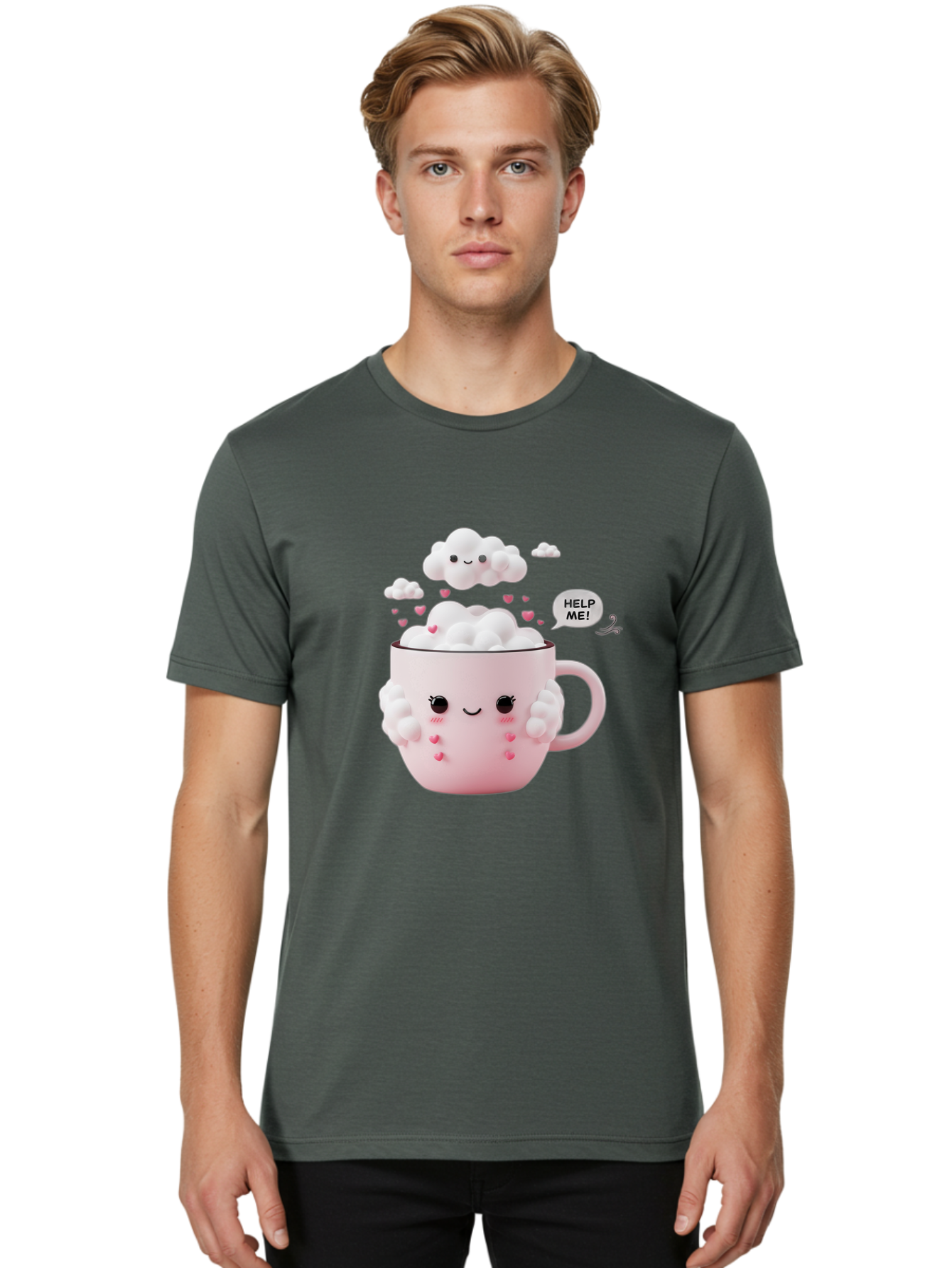 Help-Me-12 Men'S Graphic Tee, 100% Cotton, Comfortable Casual Summer Wear, Machine Washable, Cute Coffee Mug, Cartoon Character, Coffee Foam, Pink Hearts, Smiling Face, Speech Bubble, Help Me, Coffee Lover, Funny Illustration, Kawaii Art, Bac038 28