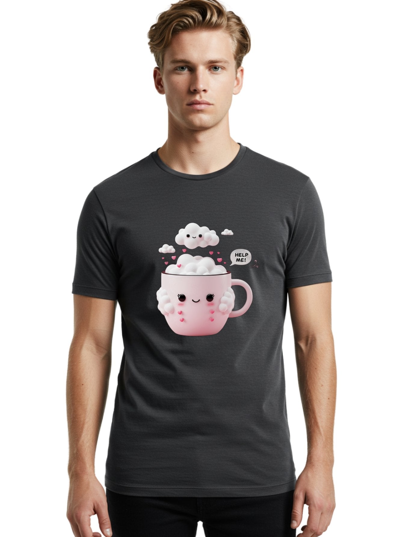Help-Me-12 Men'S Graphic Tee, 100% Cotton, Comfortable Casual Summer Wear, Machine Washable, Cute Coffee Mug, Cartoon Character, Coffee Foam, Pink Hearts, Smiling Face, Speech Bubble, Help Me, Coffee Lover, Funny Illustration, Kawaii Art, Bac038 17