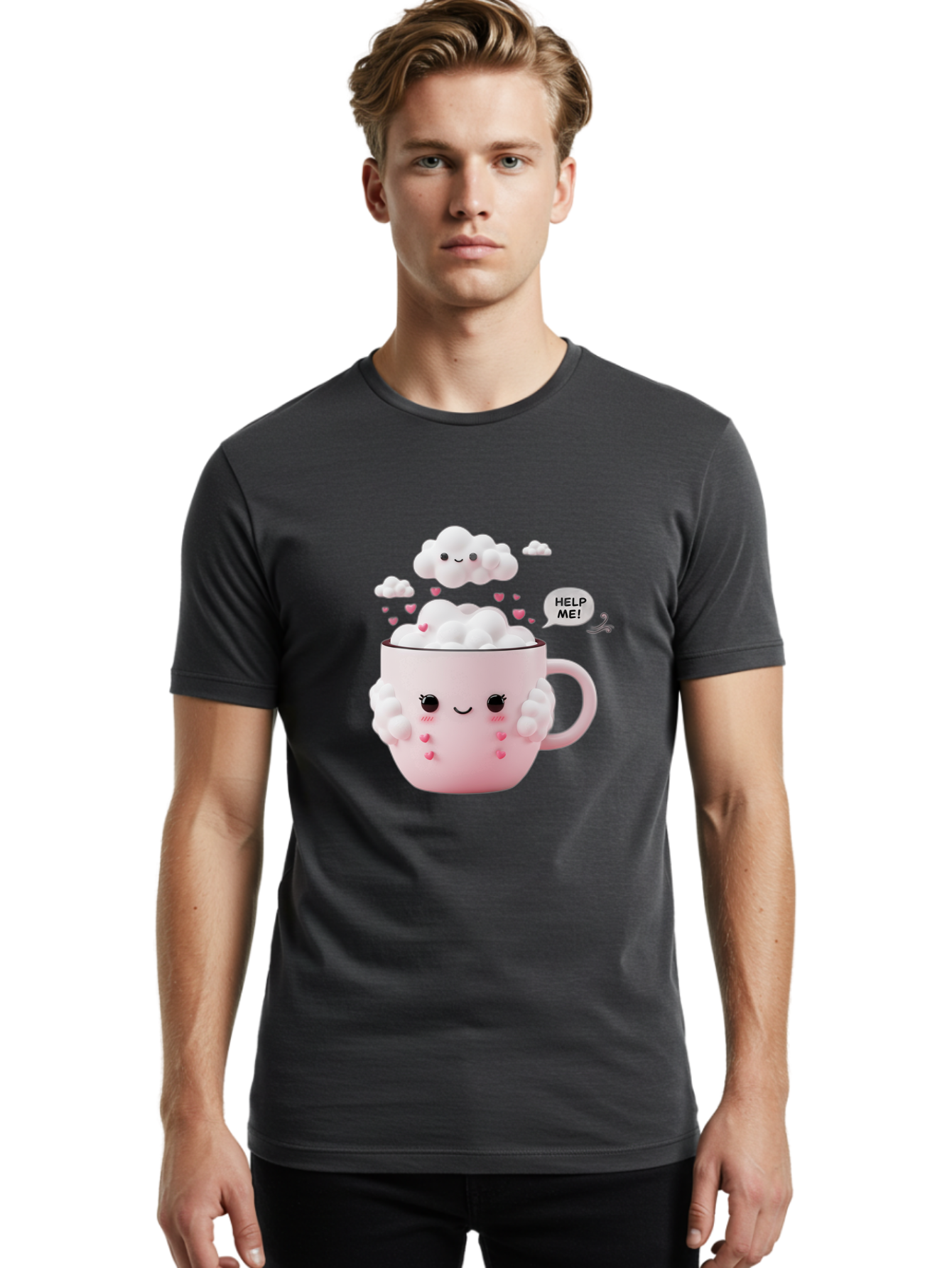 Help-Me-12 Men'S Graphic Tee, 100% Cotton, Comfortable Casual Summer Wear, Machine Washable, Cute Coffee Mug, Cartoon Character, Coffee Foam, Pink Hearts, Smiling Face, Speech Bubble, Help Me, Coffee Lover, Funny Illustration, Kawaii Art, Bac038 29